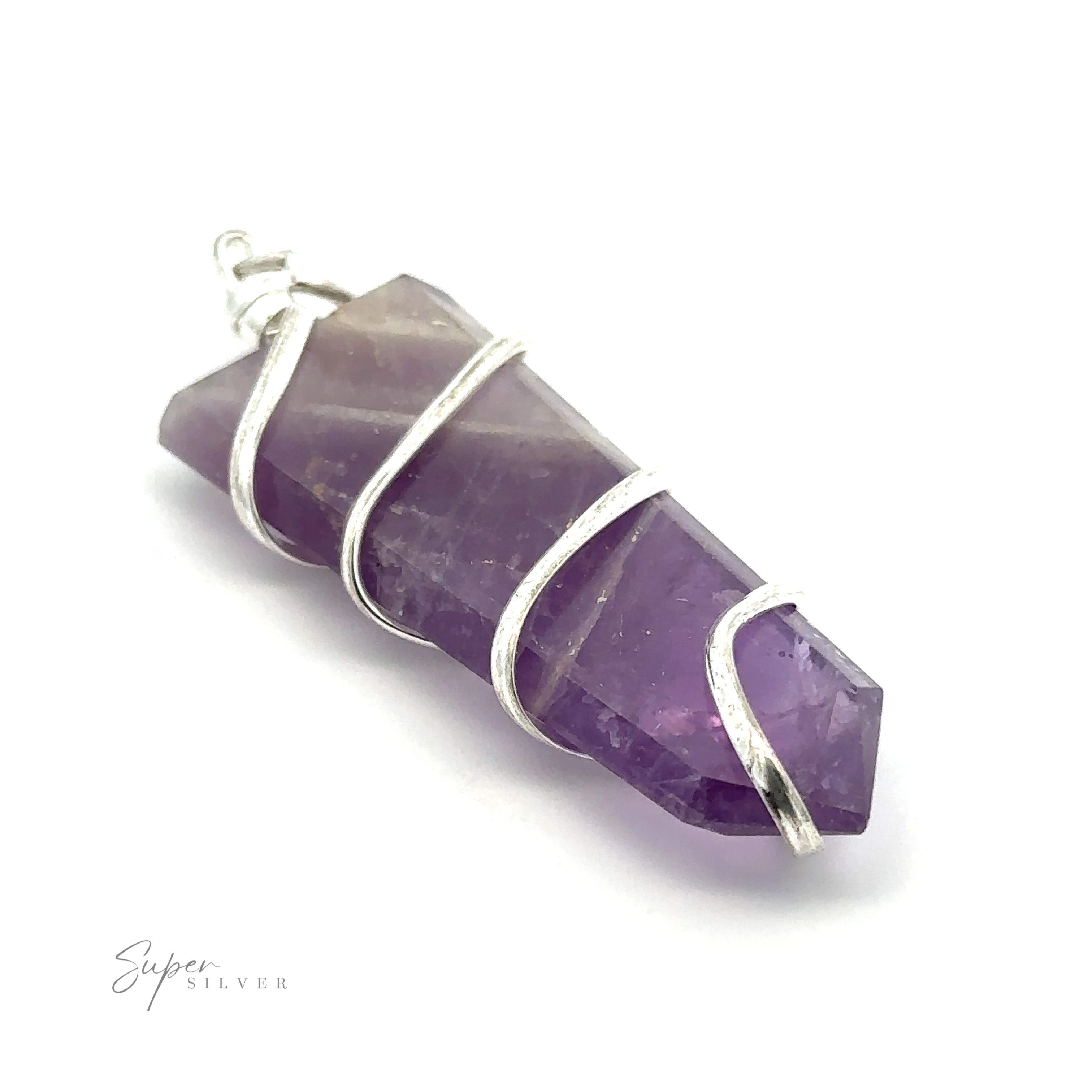 A Wire Wrapped Slab Pendant, intricately wrapped with silver wire, rests elegantly on a white background. The brand name "Super Silver" is visible in the bottom left corner, showcasing the exquisite craftsmanship in gemstone jewelry.