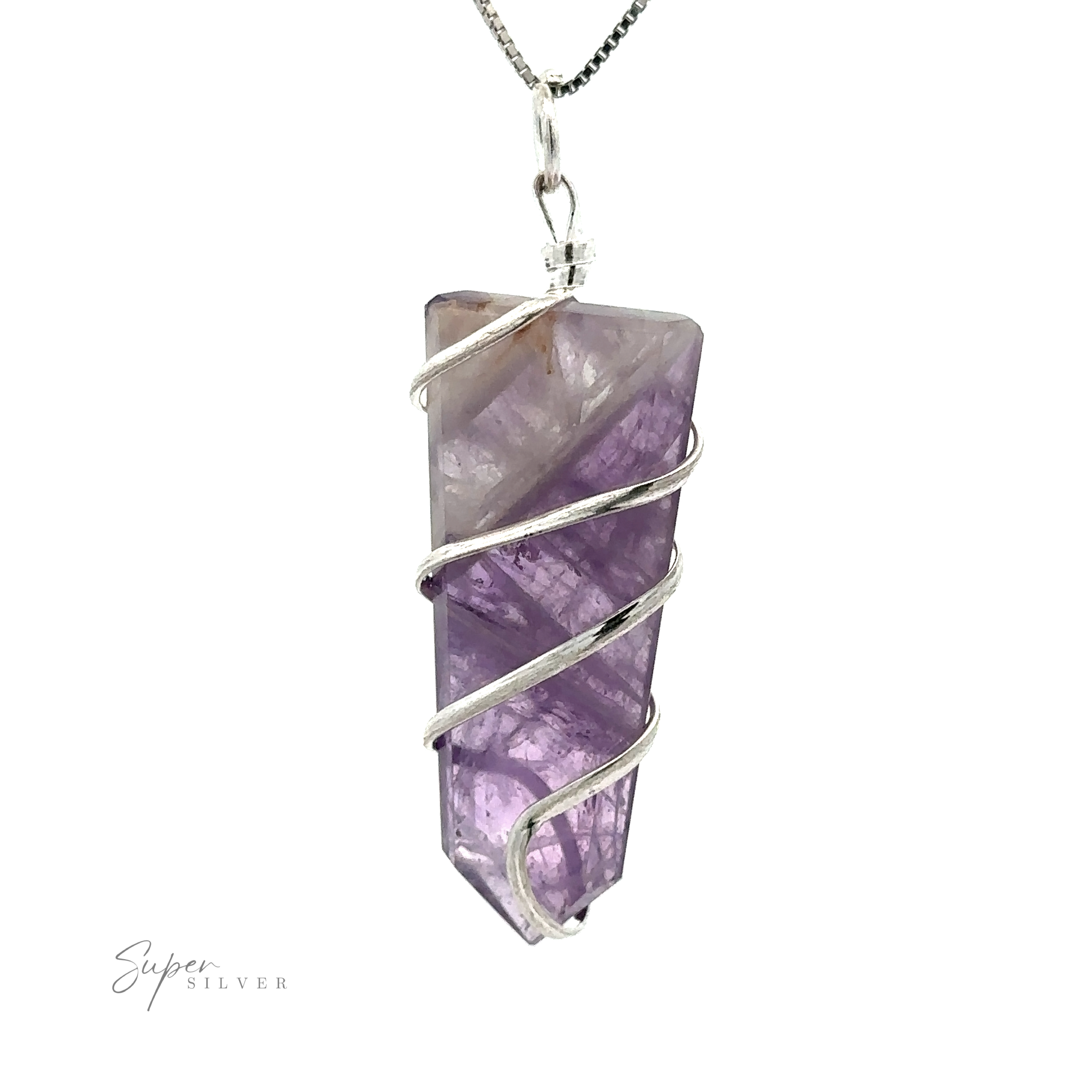 A clear and purple amethyst Wire Wrapped Slab Pendant hangs on a silver chain against a white background. The "Super Silver" logo is visible in the bottom left corner, highlighting this beautiful piece of gemstone jewelry.