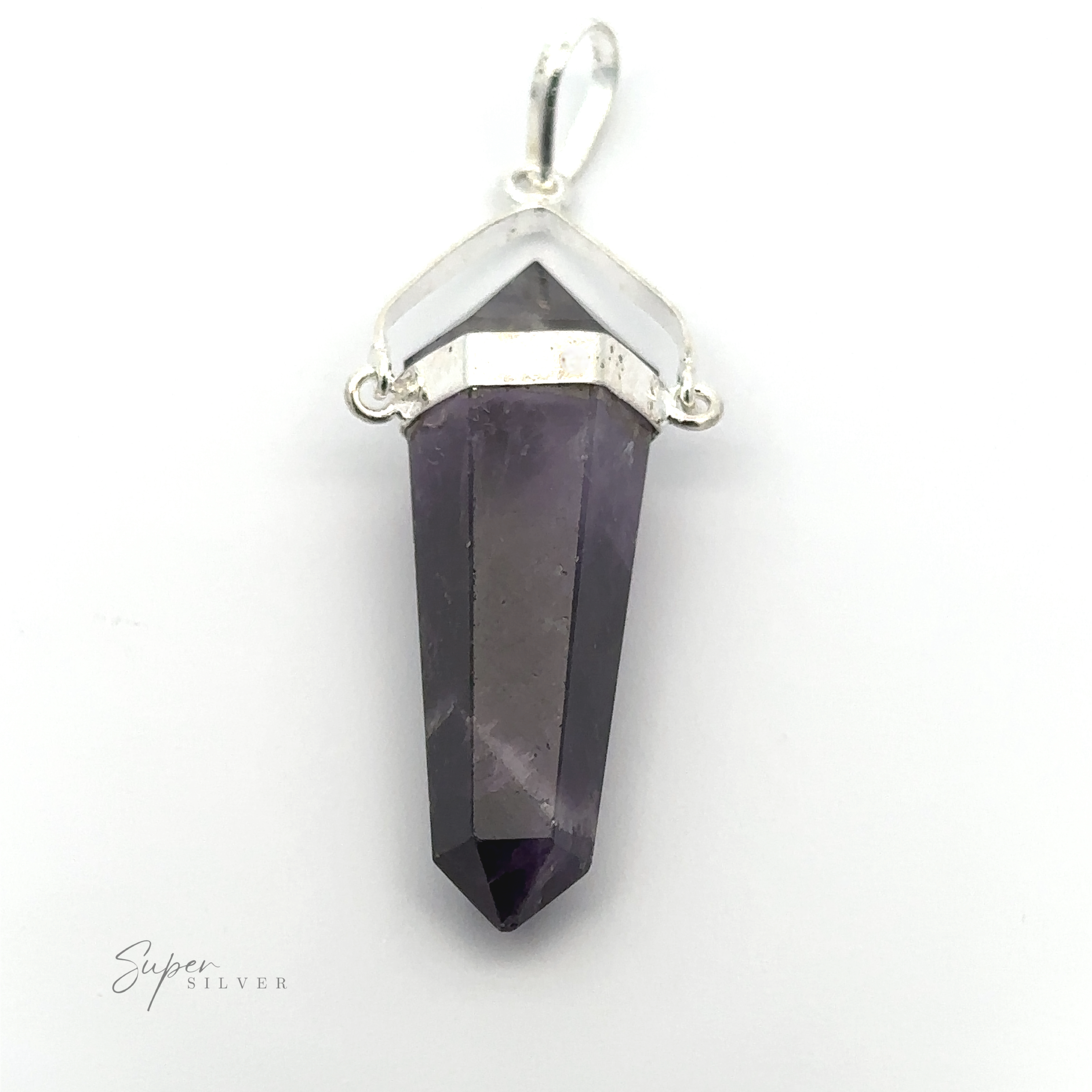 A Raw Stone Swivel Pendant with a pointed amethyst crystal set in a silver-plated setting. The dark purple gemstone's top edge is framed by a silver piece, attached to a bail for a necklace.