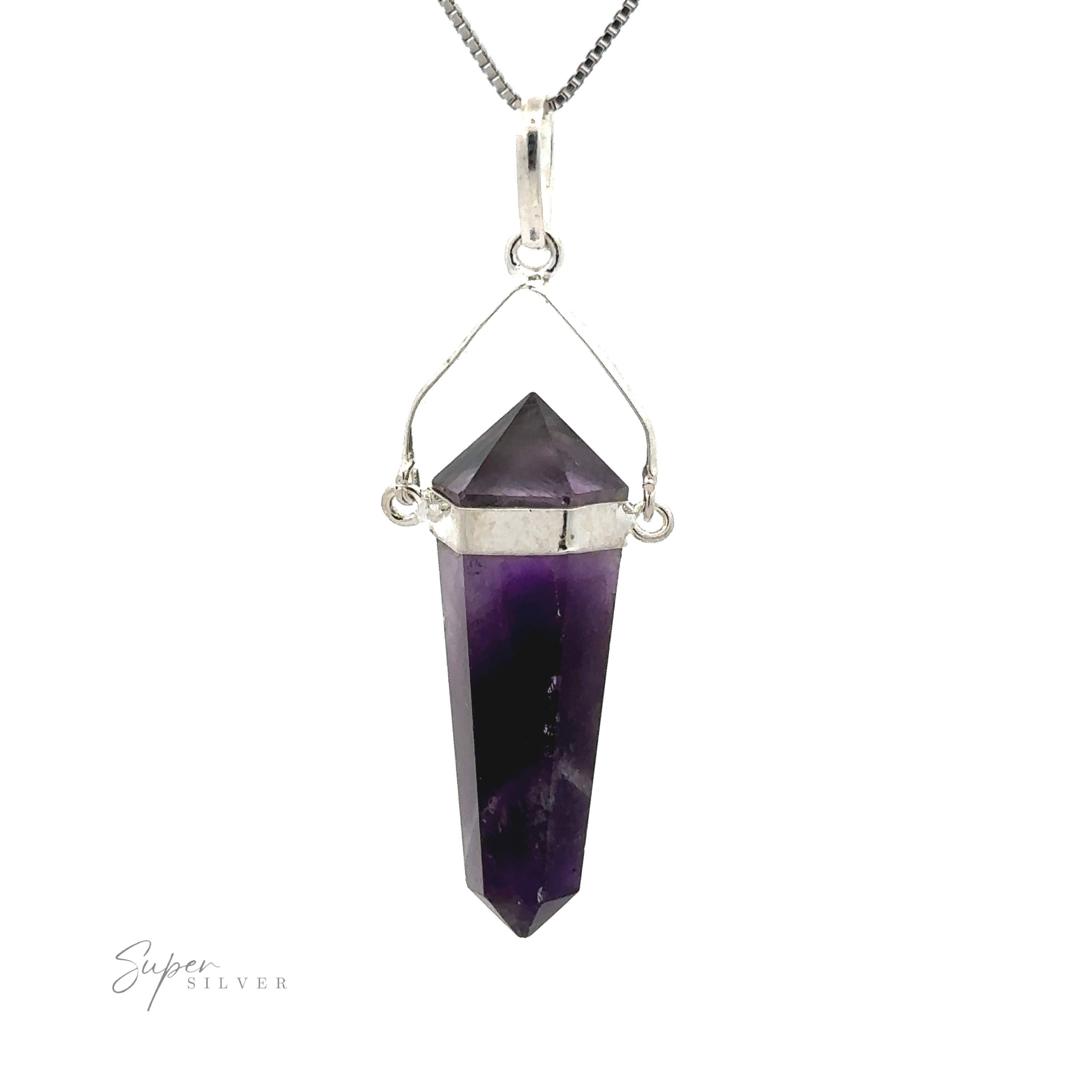 A Raw Stone Swivel Pendant featuring a dark purple crystal with a silver-plated setting hangs from a thin silver chain.