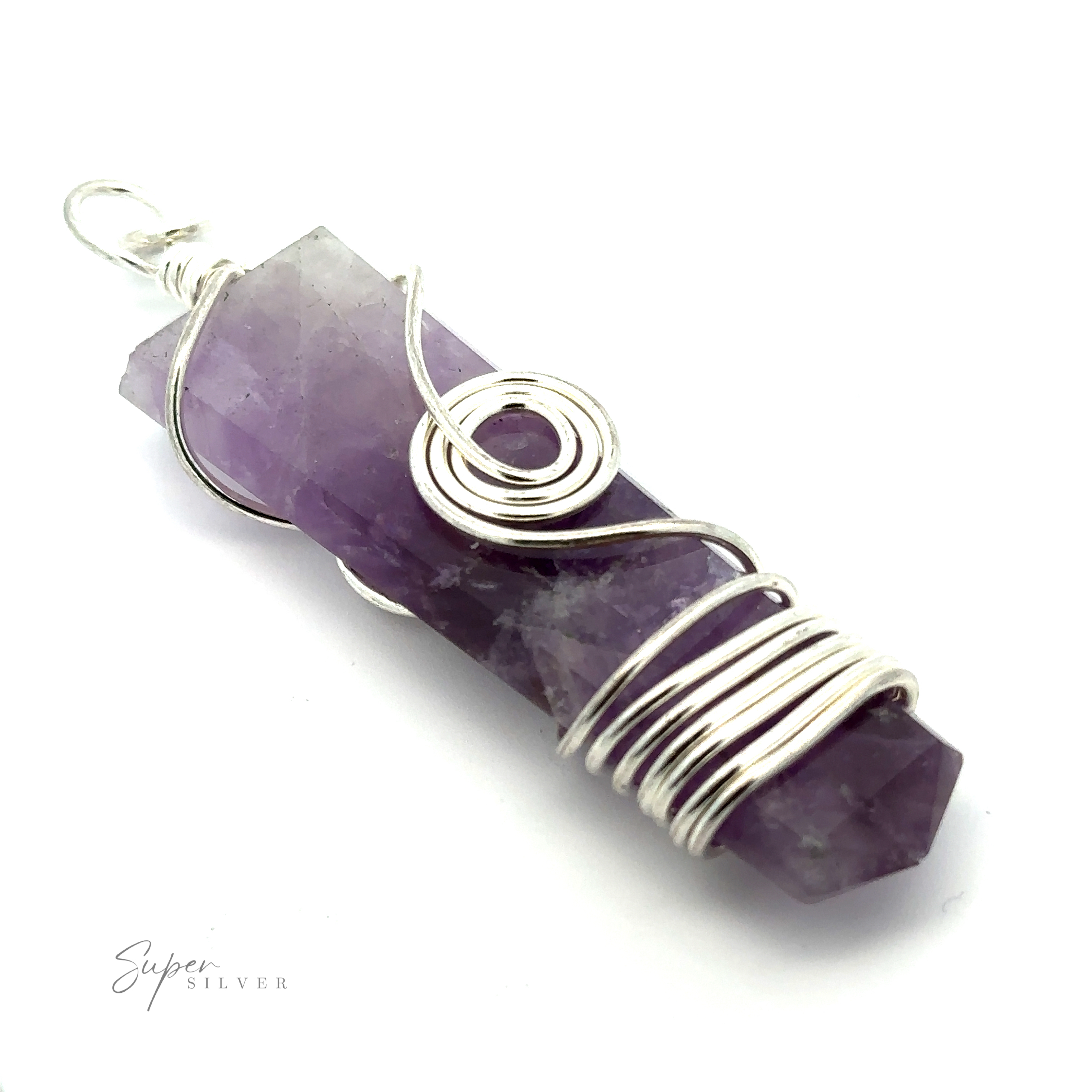 A Stone Slab Pendant with Wire Wrapping wrapped in silver wire to form a stunning gemstone pendant. The brand's name, "Super Silver," is visible in the bottom left corner.