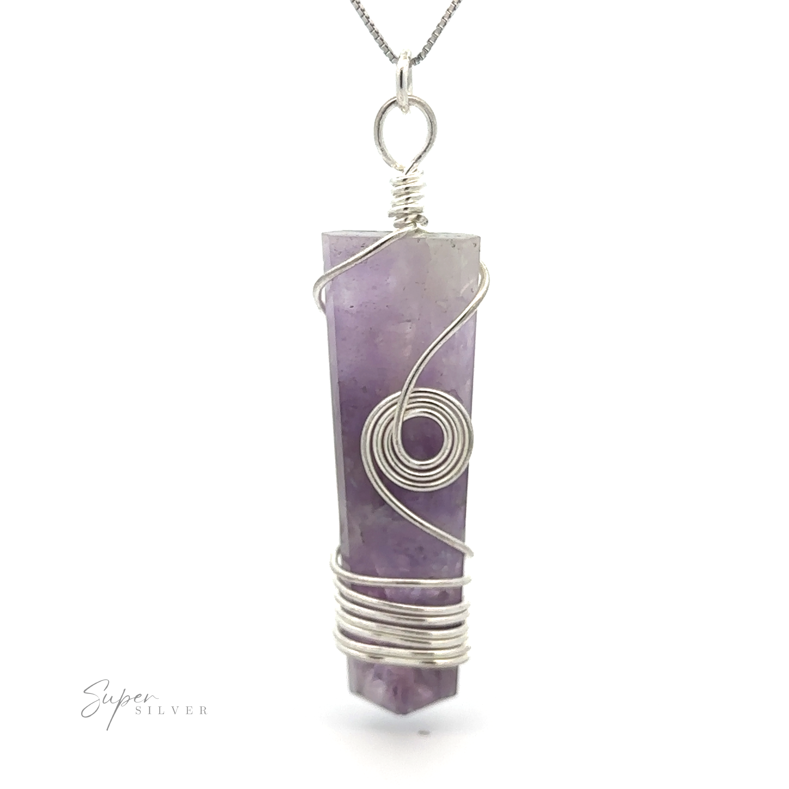 Stone Slab Pendant with Wire Wrapping on a silver chain. This exquisite wire wrapped jewelry piece features an elongated and tapered bottom, making it a standout Gemstone pendant for any collection.
