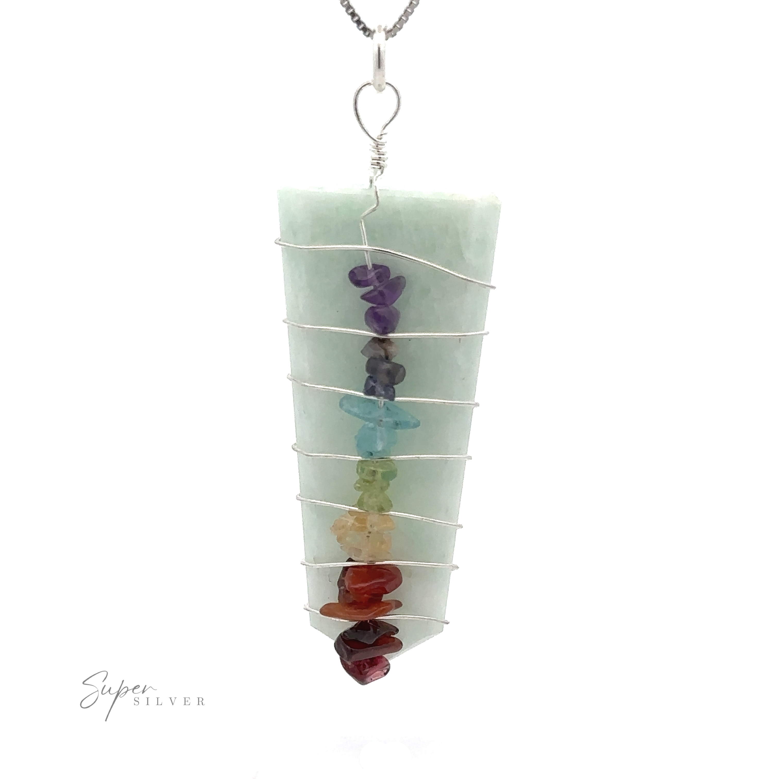 A Stone Slab Wire-Wrapped Chakra Pendant with a vertical arrangement of multicolored chakra stones wrapped in silver wire on a light green rectangular base, hanging from a silver chain. "Super Silver" is written in the bottom left corner.