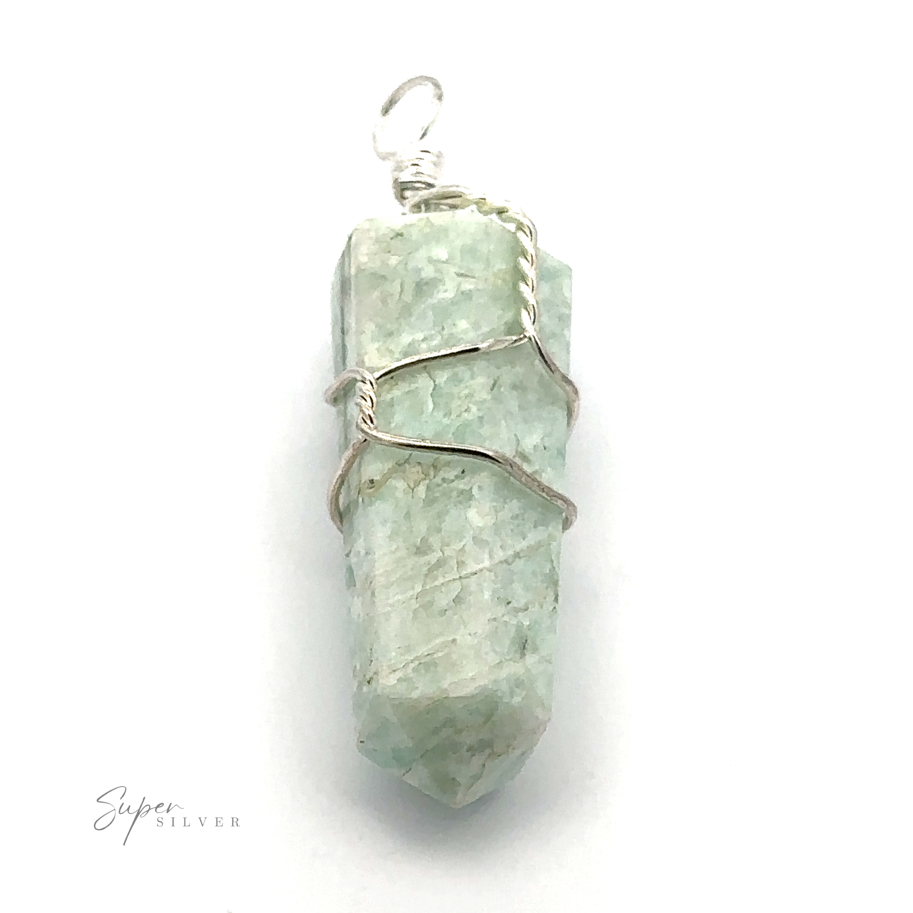 A genuine Wire-Wrapped Stone Pendant featuring a light green, obelisk-shaped gemstone wrapped in silver wire, with a small loop at the top against a white background.