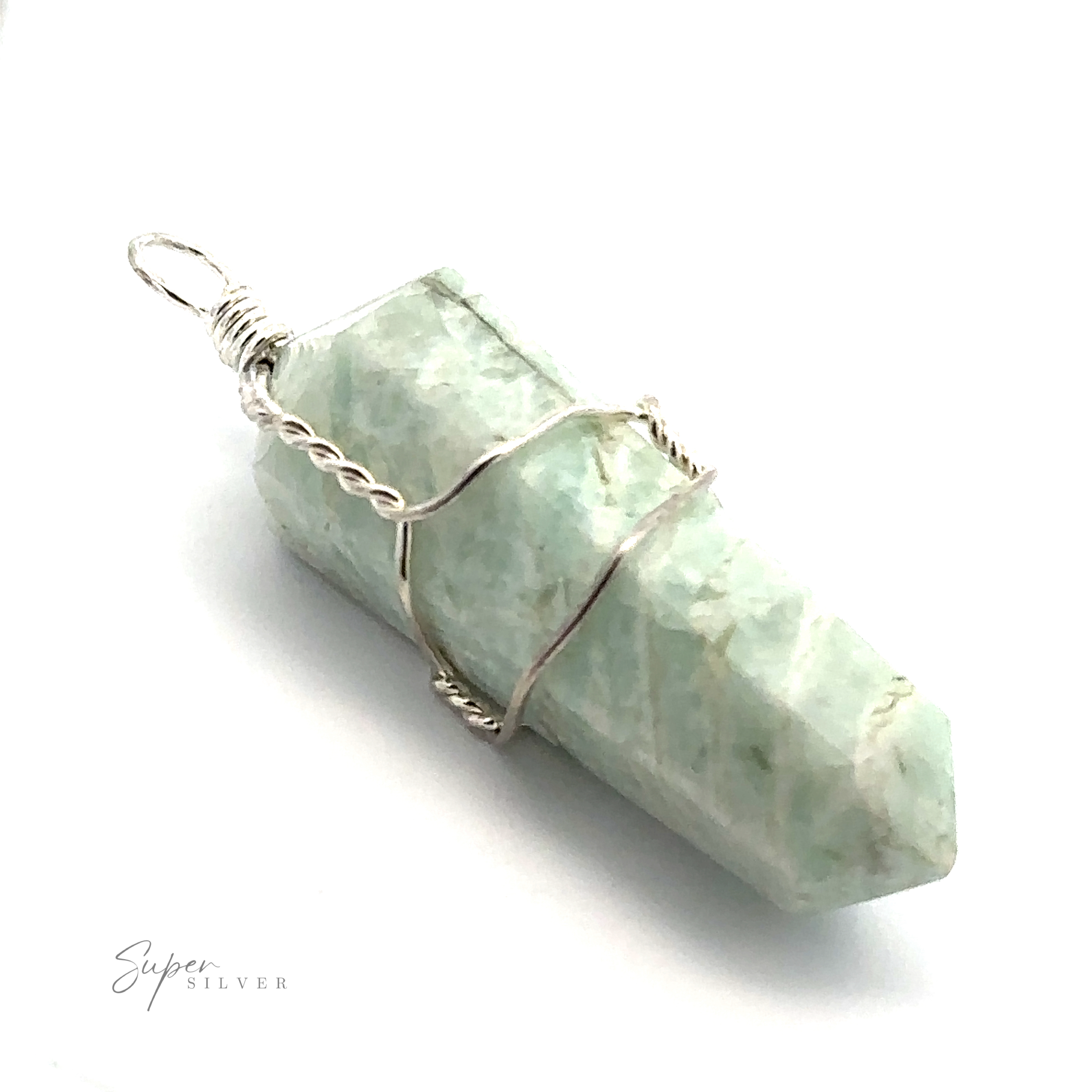 A Wire-Wrapped Stone Pendant with a pale green, obelisk-shaped gemstone pendant with a pointed end, wrapped in silver wire. The word "Super Silver" is written near the bottom left corner.