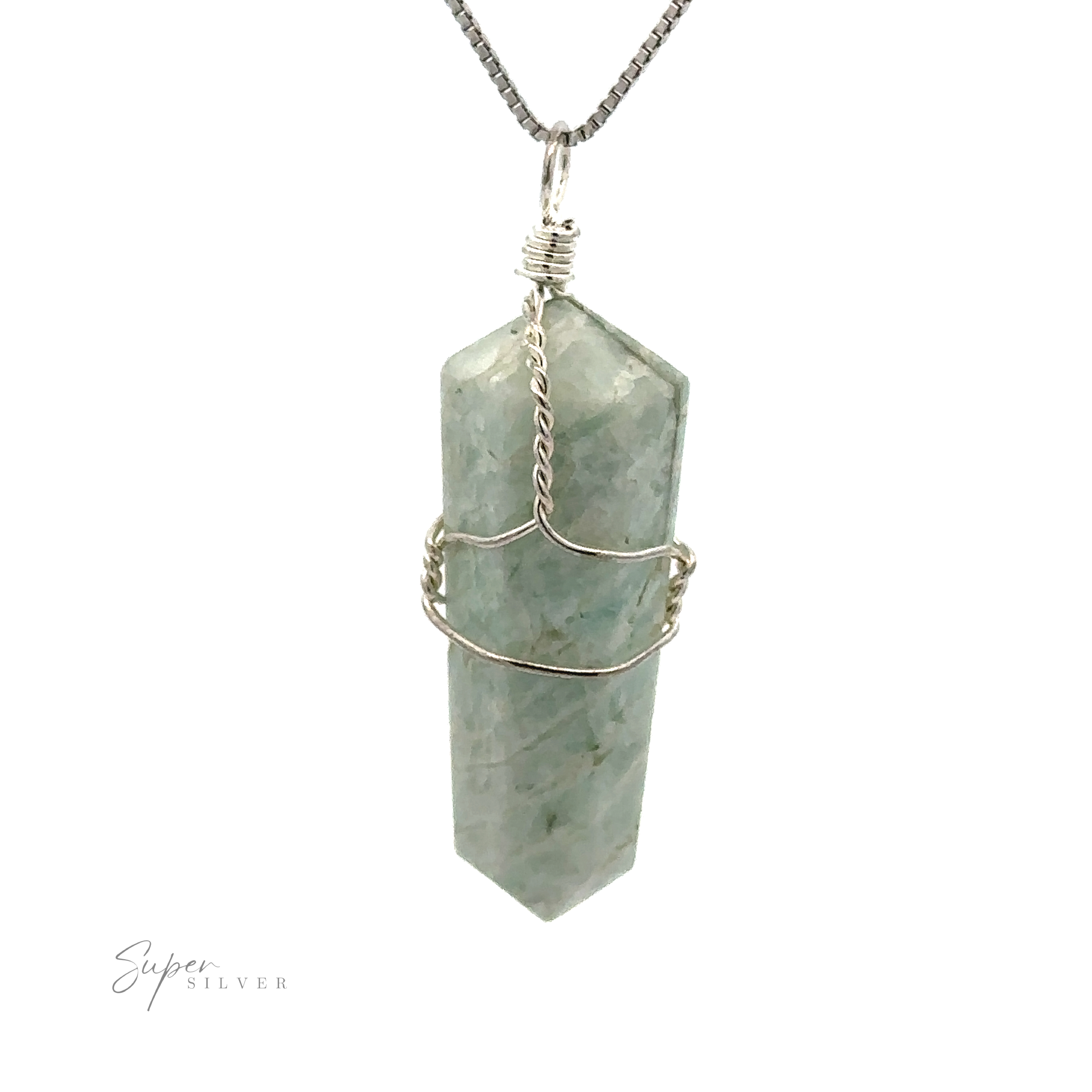 An aqua blue, obelisk-shaped gemstone encased in silver wire hangs elegantly from a silver chain necklace. The Wire-Wrapped Stone Pendant boasts the "Super Silver" logo gracing the bottom left corner.