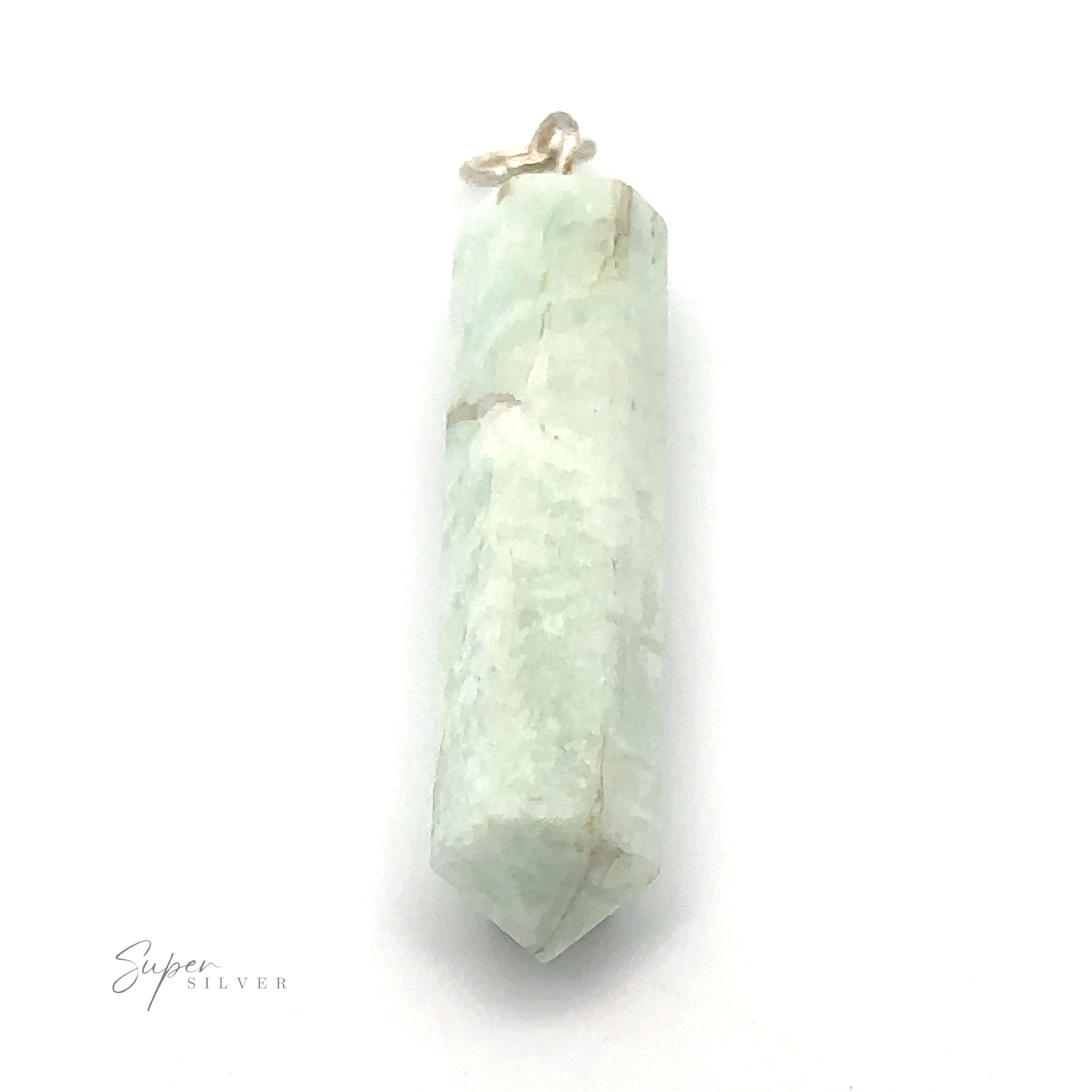 A greenish-white stone pendant with a raw obelisk shape, featuring a pointed tip and a gold loop for hanging, labeled "Raw Stone Obelisk Pendant.