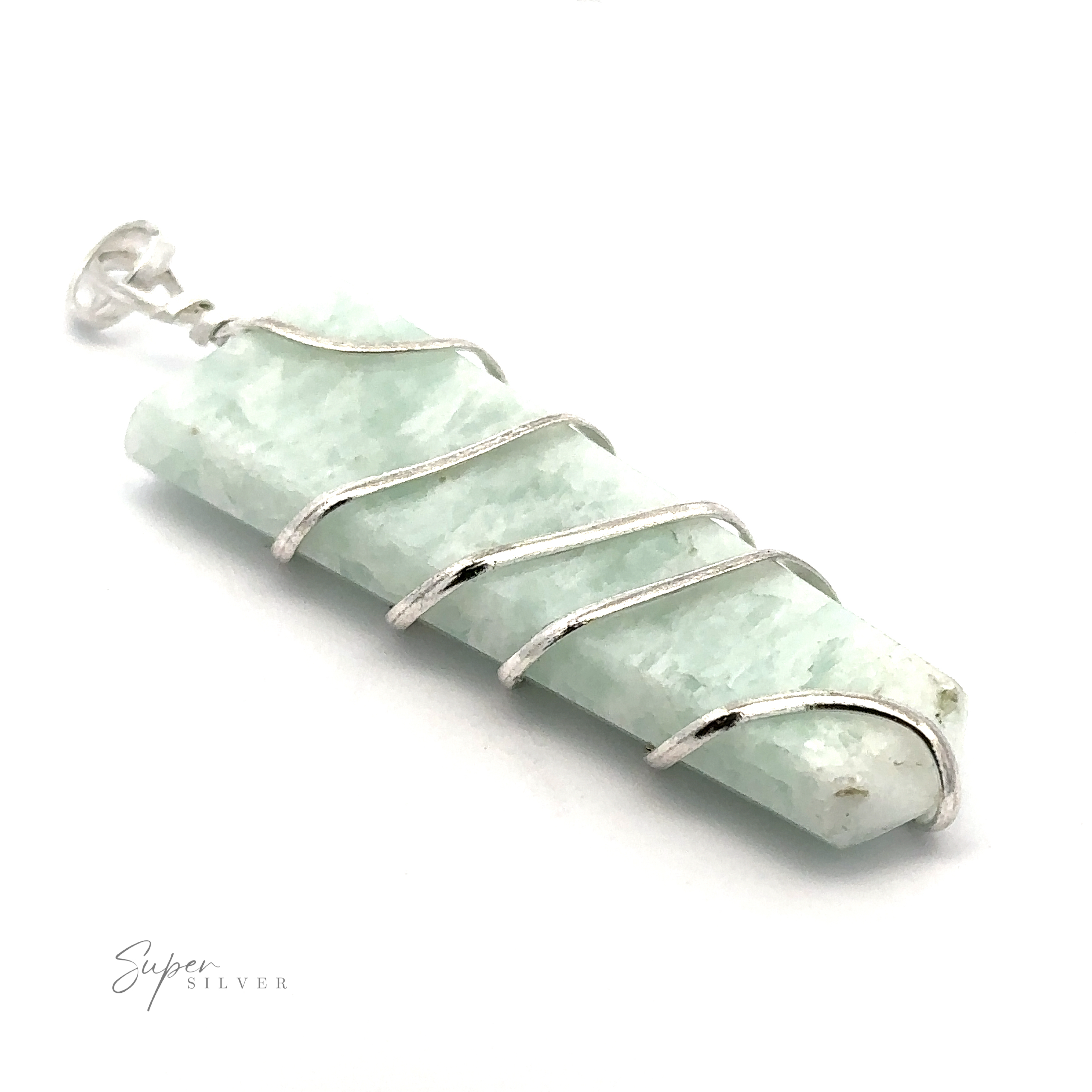 A stunning green crystal pendant, masterfully wire-wrapped in silver, boasts a small round loop at the top for attaching to a chain or cord. This exquisite Wire Wrapped Slab Pendant radiates elegance and charm.