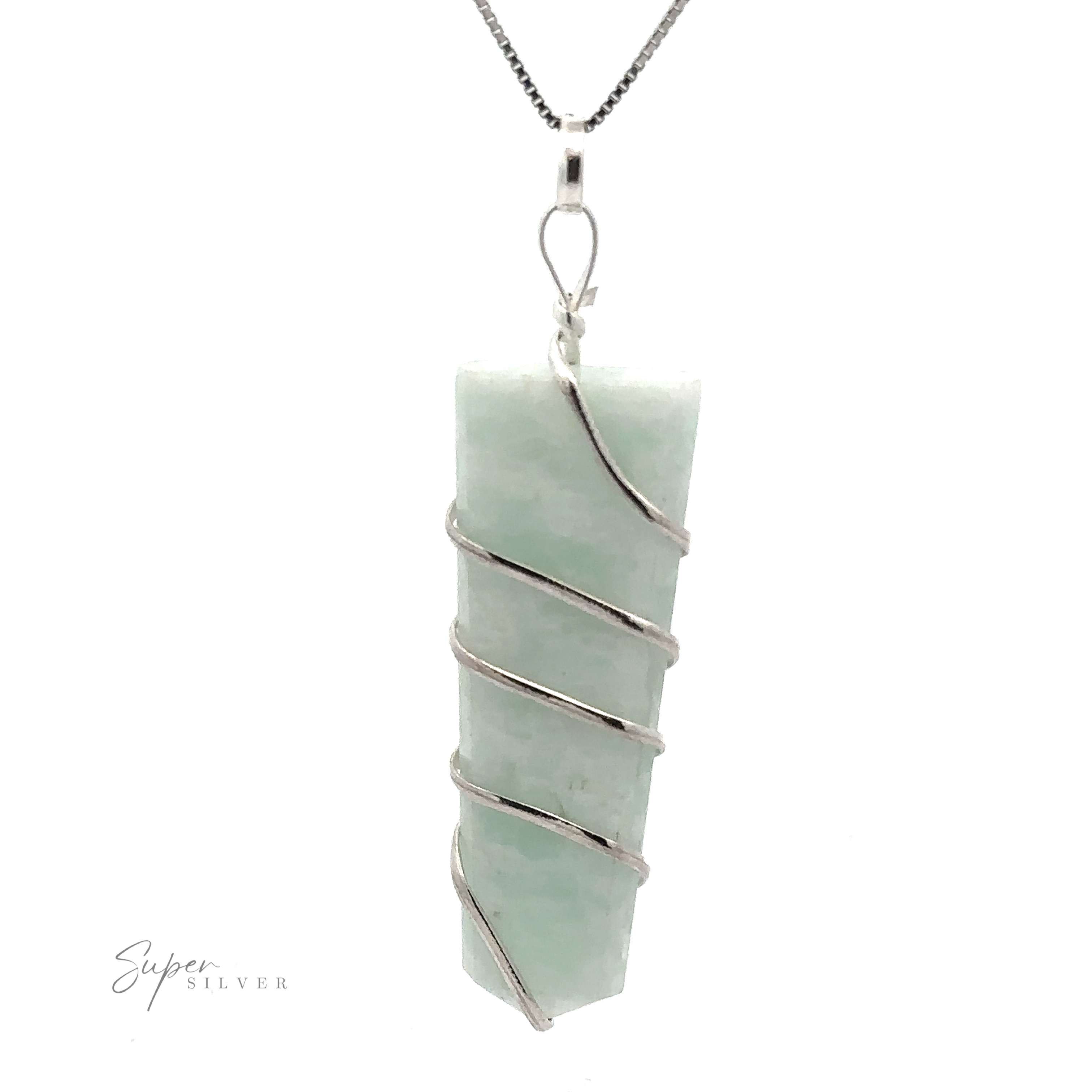 A Wire Wrapped Slab Pendant with a rectangular, light green stone slab, meticulously wrapped in silver wire, hangs from a thin silver chain. The background is white, and the text "Super Silver" is printed at the bottom left. This exquisite piece of gemstone jewelry makes a subtle yet standout statement.
