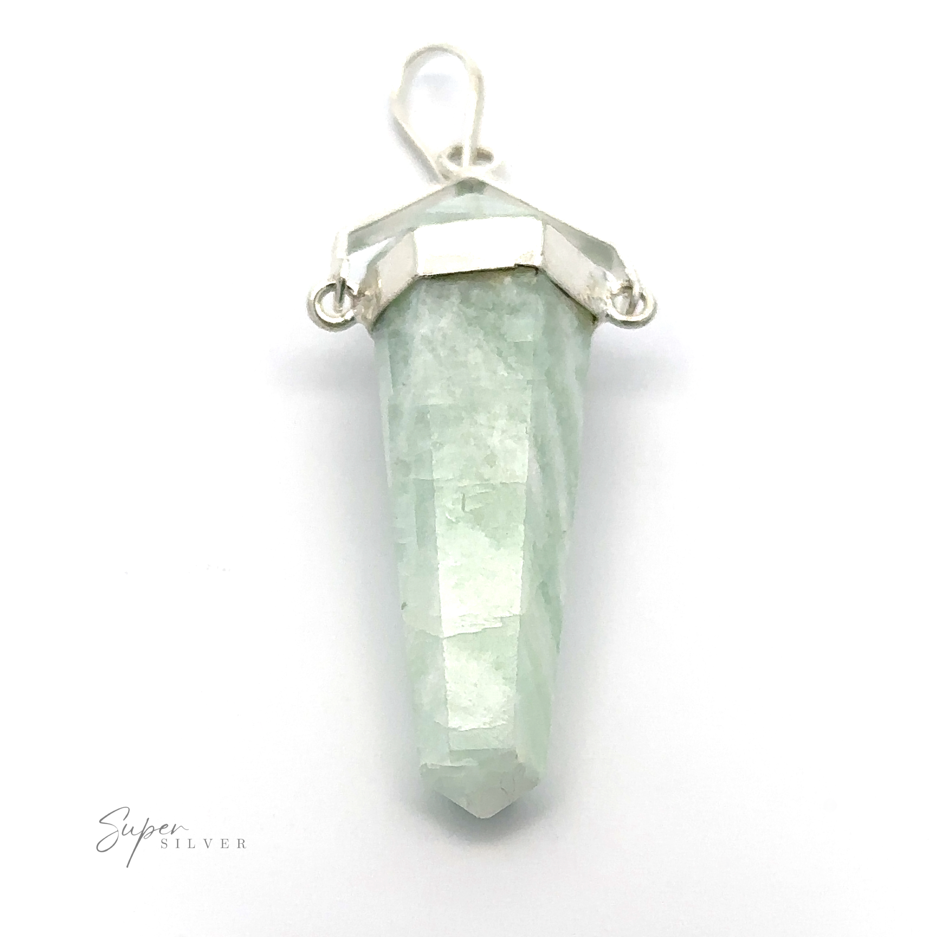 Raw Stone Swivel Pendant featuring a raw stone obelisk of pale green crystal encased in a silver-plated setting.