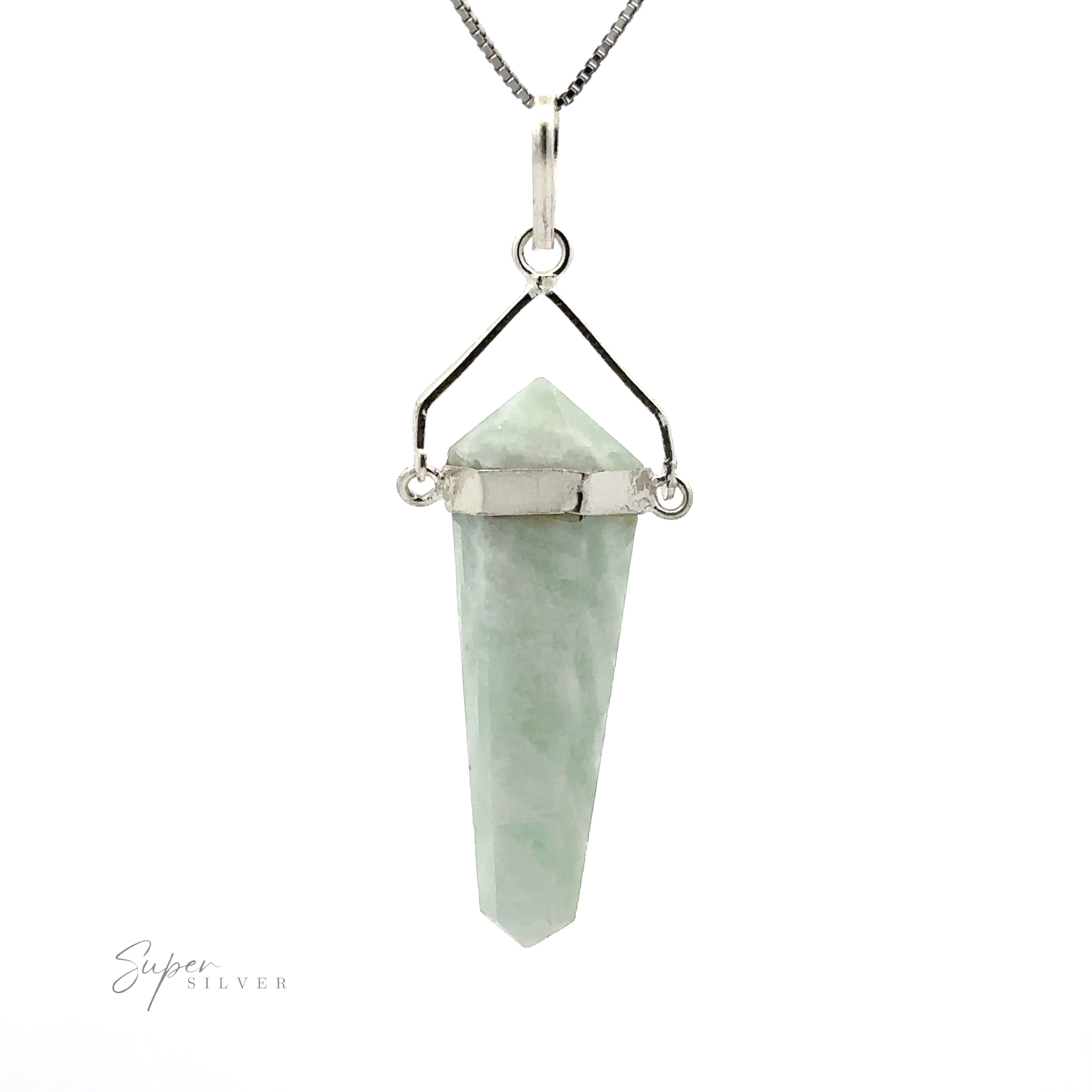 A silver necklace featuring a Raw Stone Swivel Pendant with geometric metal framework, reminiscent of a raw stone obelisk.