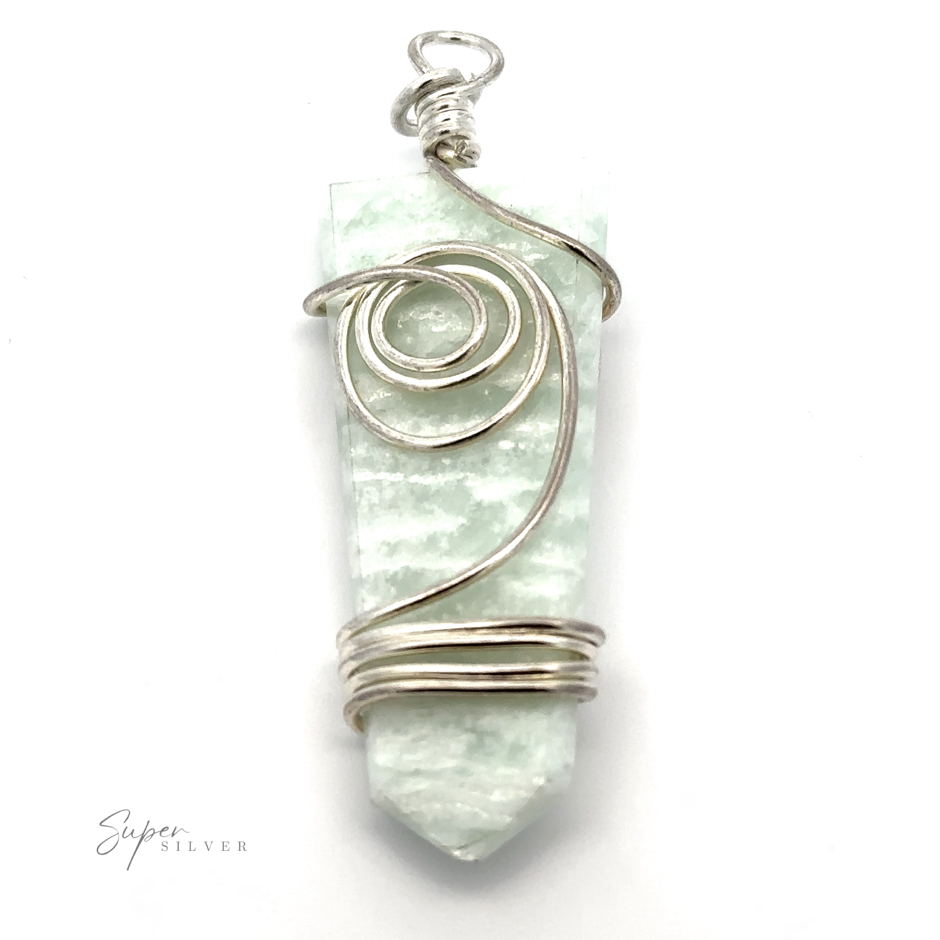 A stunning silver wire-wrapped Stone Slab Pendant with Wire Wrapping featuring a light green crystal.