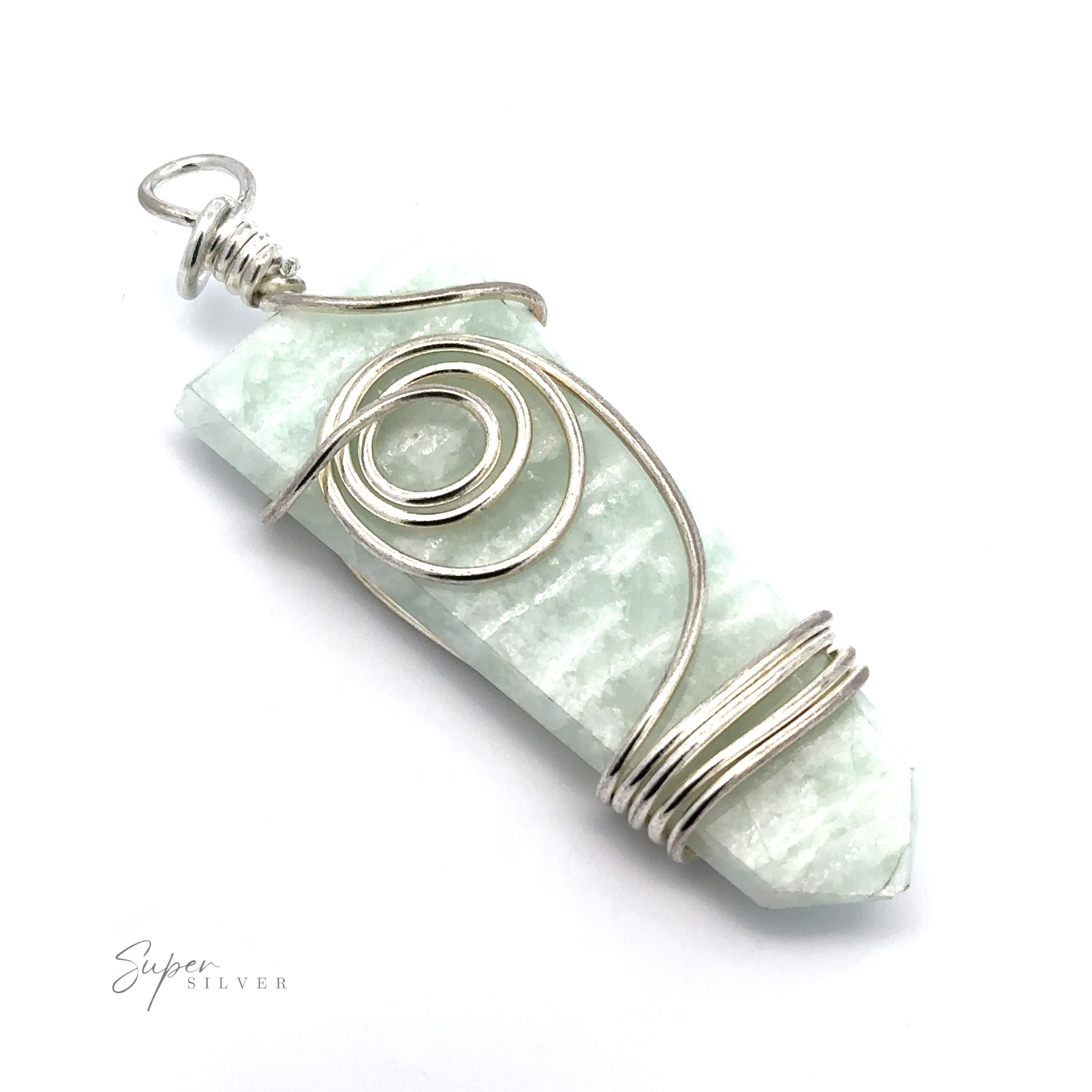 A light green gemstone pendant wrapped in silver wire with a loop for attaching to a necklace. The name "Stone Slab Pendant with Wire Wrapping" is visible on the bottom left corner, showcasing an exquisite piece of mixed metals and wire-wrapped jewelry.
