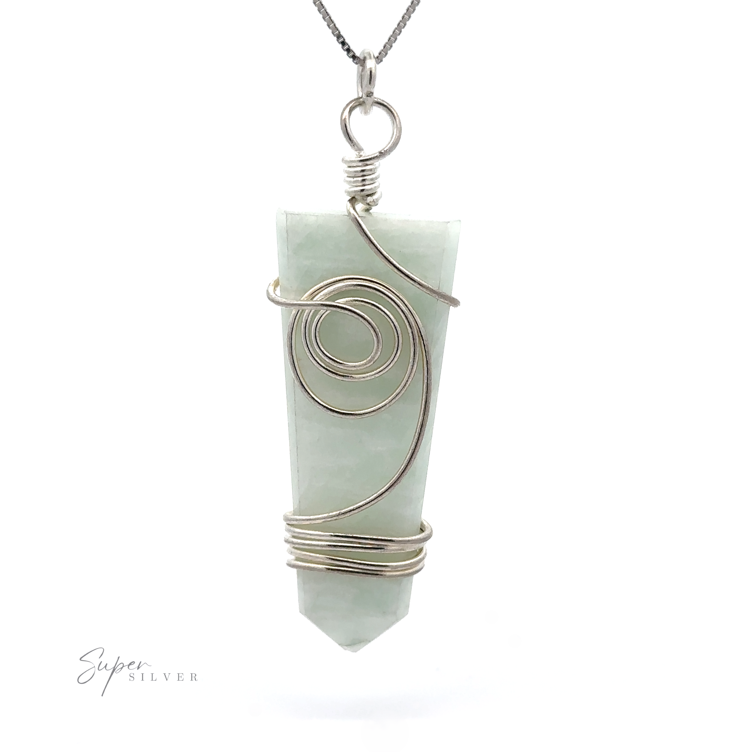 A Stone Slab Pendant with Wire Wrapping featuring a light green crystal wrapped in mixed metals and silver wire hangs from a thin chain, set against a white background.