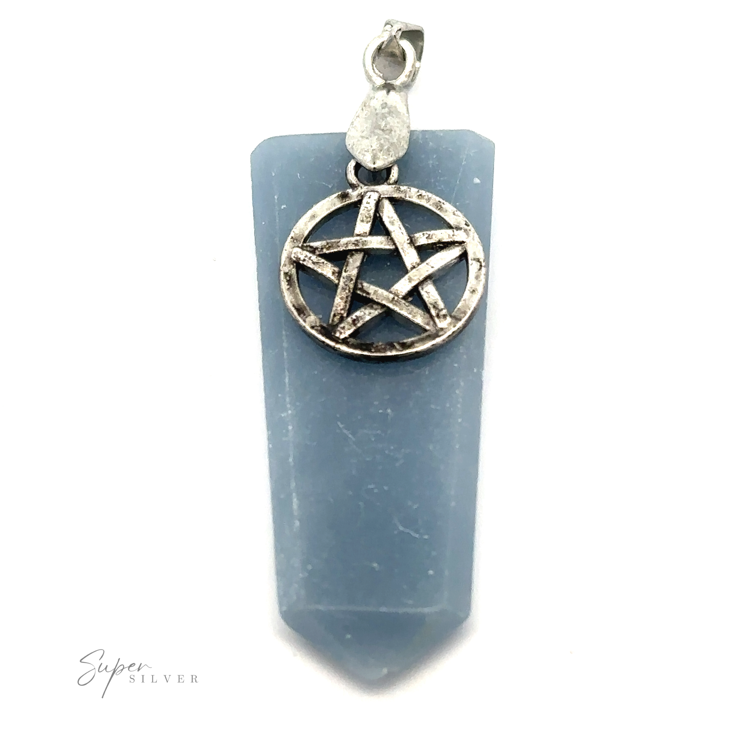 A Pentagram Stone Slab Pendant with a silver pentagram charm and a small loop at the top for attaching to a chain, beautifully crafted with mixed metals for an elegant touch.