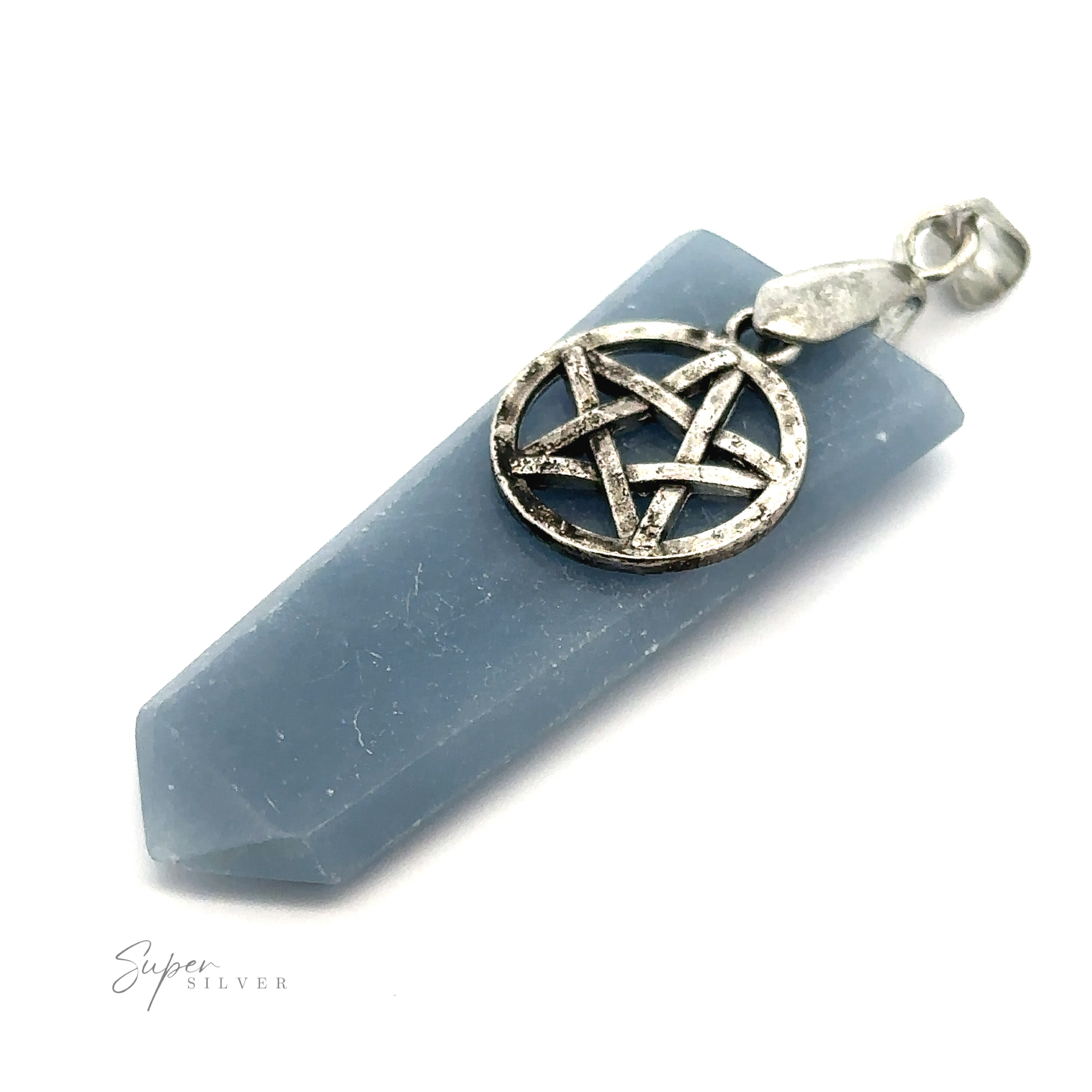 A Pentagram Stone Slab Pendant with a pointed end and a silver bail features a stunning pentagram charm. The mixed metals design elegantly complements the crystalline beauty.