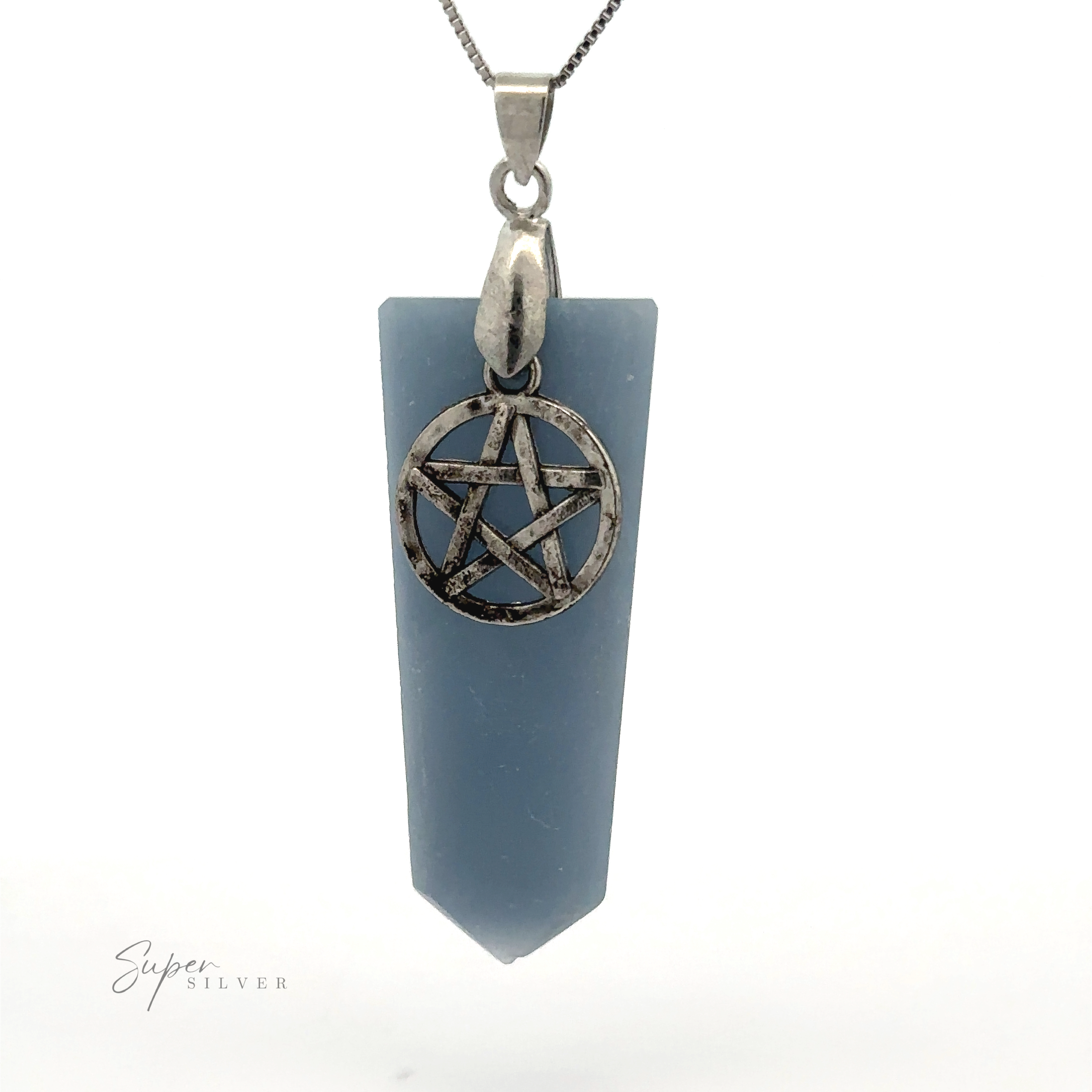 A necklace with a blue crystal pendant and a Pentagram Stone Slab Pendant.