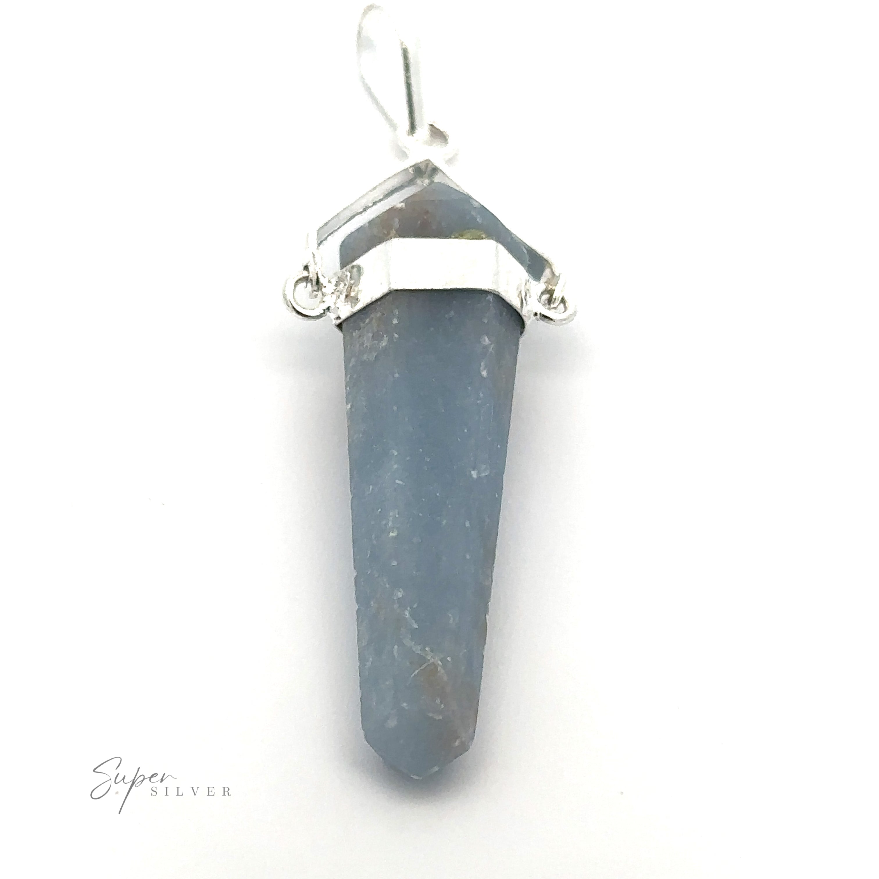 A Raw Stone Swivel Pendant featuring a pointed, blue-gray crystal in a silver-plated setting. The raw stone obelisk hangs vertically and is secured with a silver clasp at the top.