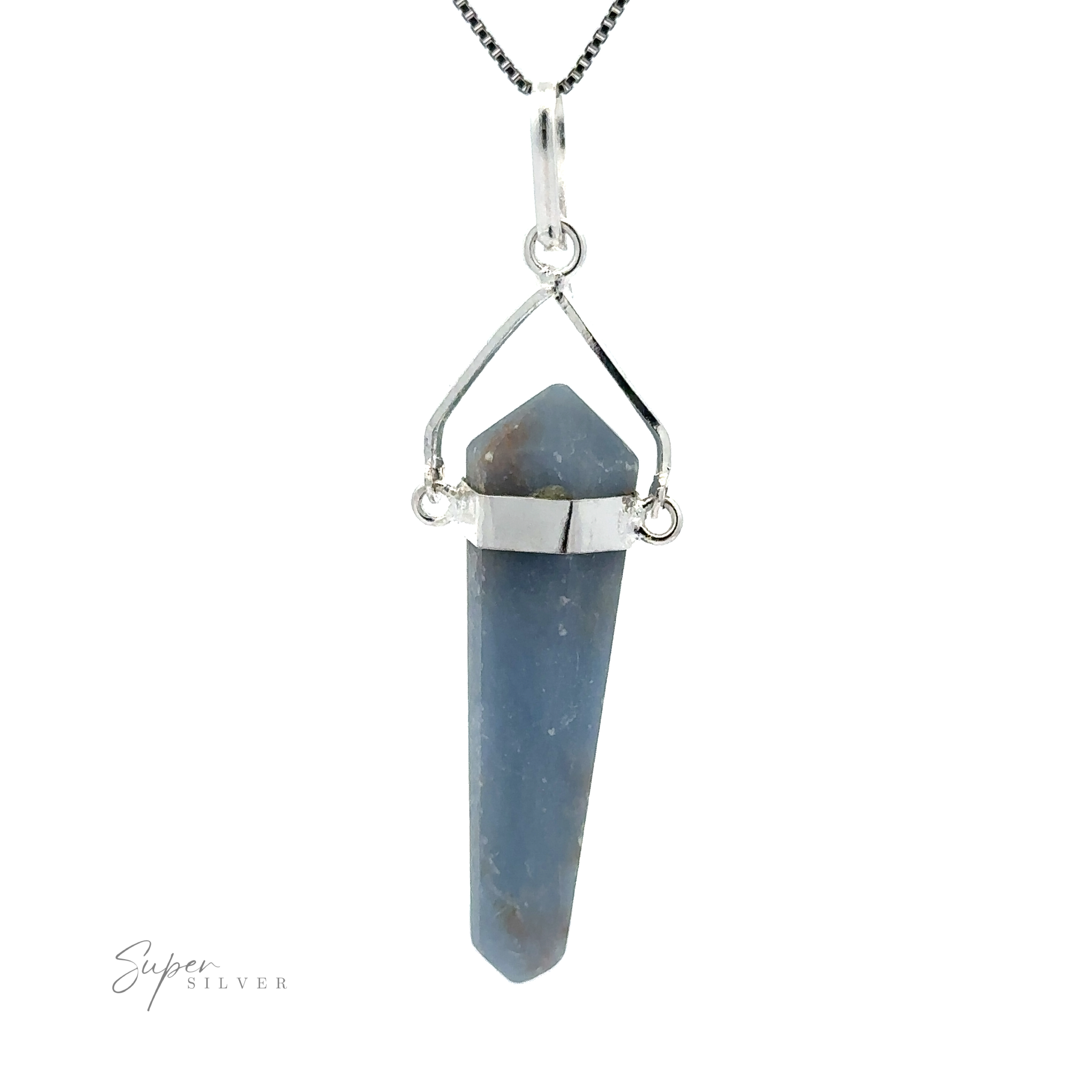The Raw Stone Swivel Pendant features a raw stone obelisk set in a silver-plated setting, attached to a silver chain.