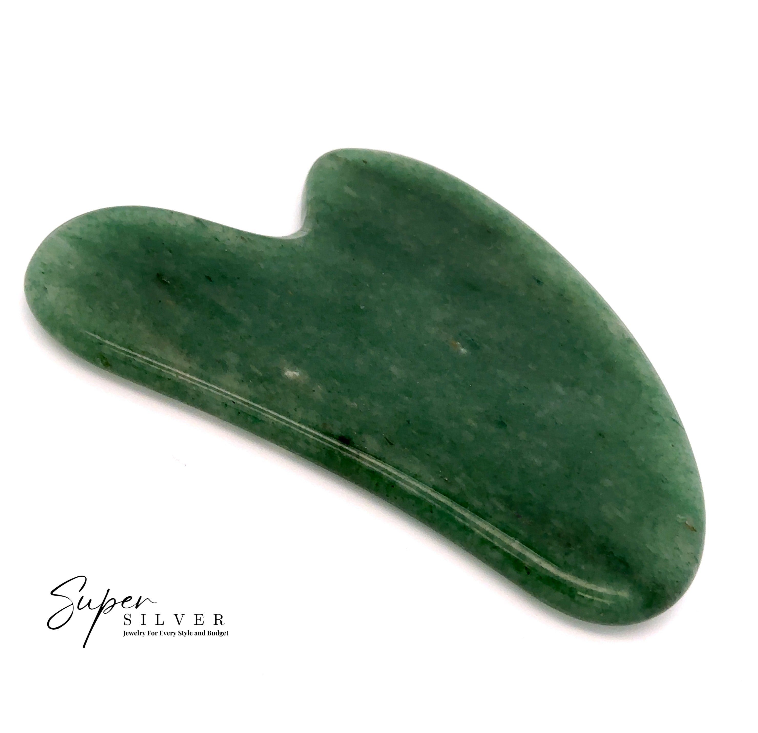 The Stone Gua Sha is a green jade facial massage tool with a smooth, curved design, crafted from genuine gemstones. Shown on a white background with the "Super Silver" logo in the bottom left corner—ideal for your self-care routine.
