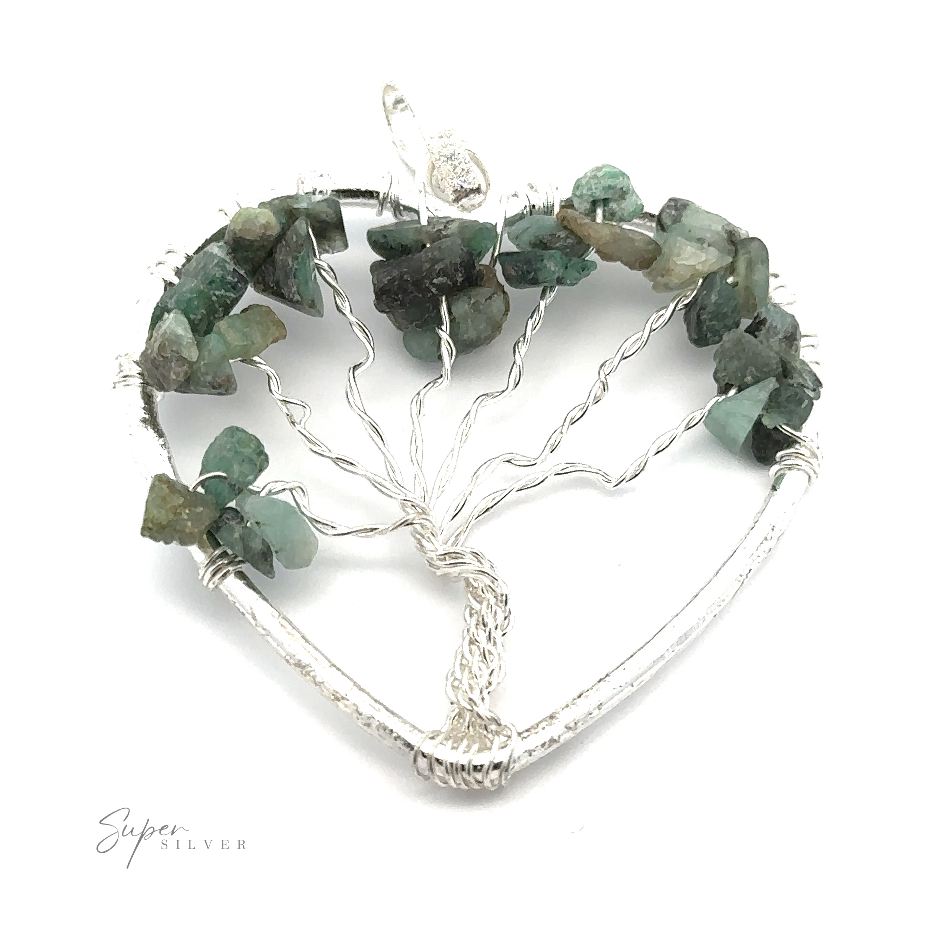 A Heart Shaped Tree of Life Pendant, featuring wire work forming a beautiful tree of life with green and brown raw stone beads as leaves, rests against a white background. The brand name "Super Silver" is elegantly displayed in the bottom left corner.