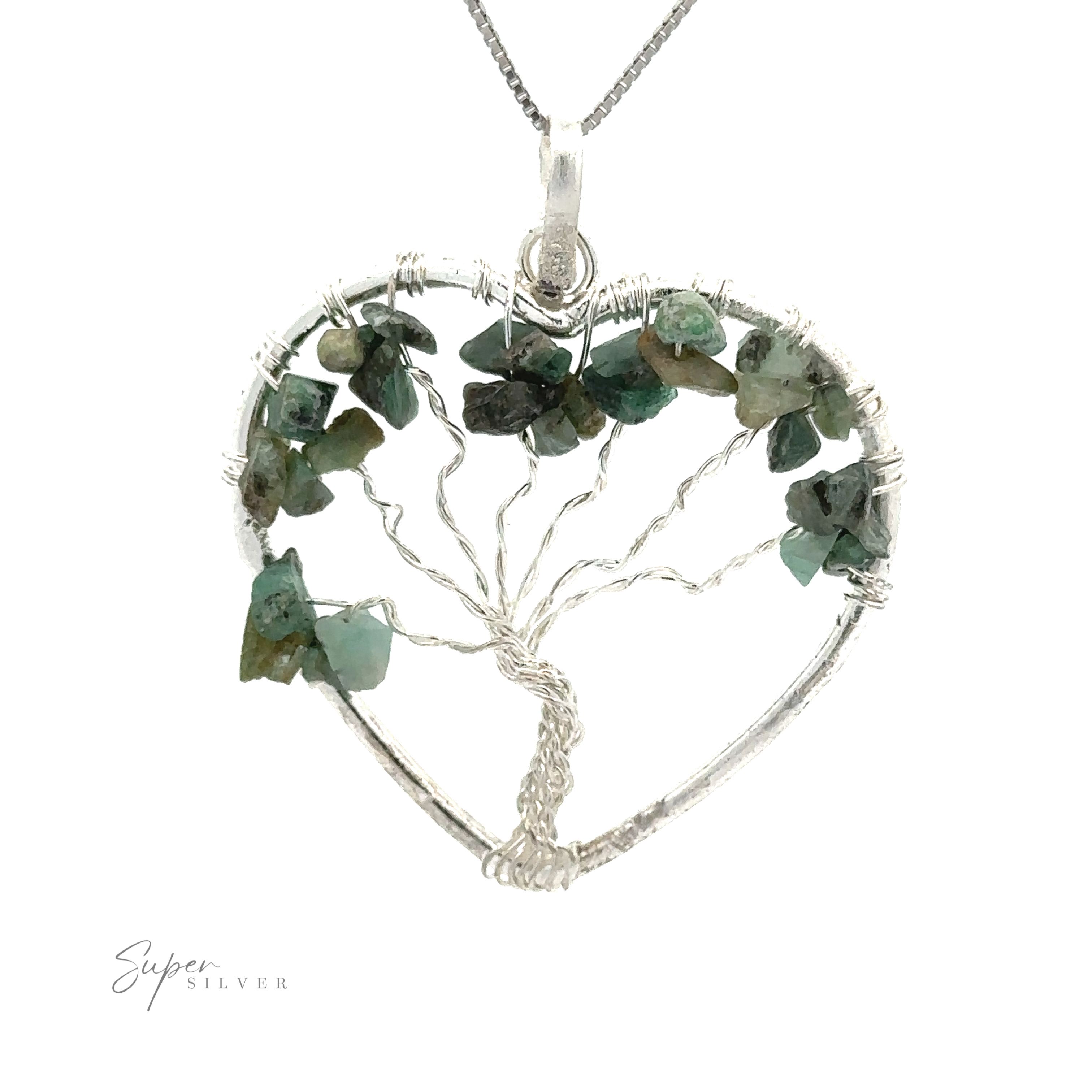 A Heart Shaped Tree of Life Pendant featuring a heart-shaped pendant with a wire wrapped tree of life design adorned with raw stone beads. The "Super Silver" logo is visible in the corner.
