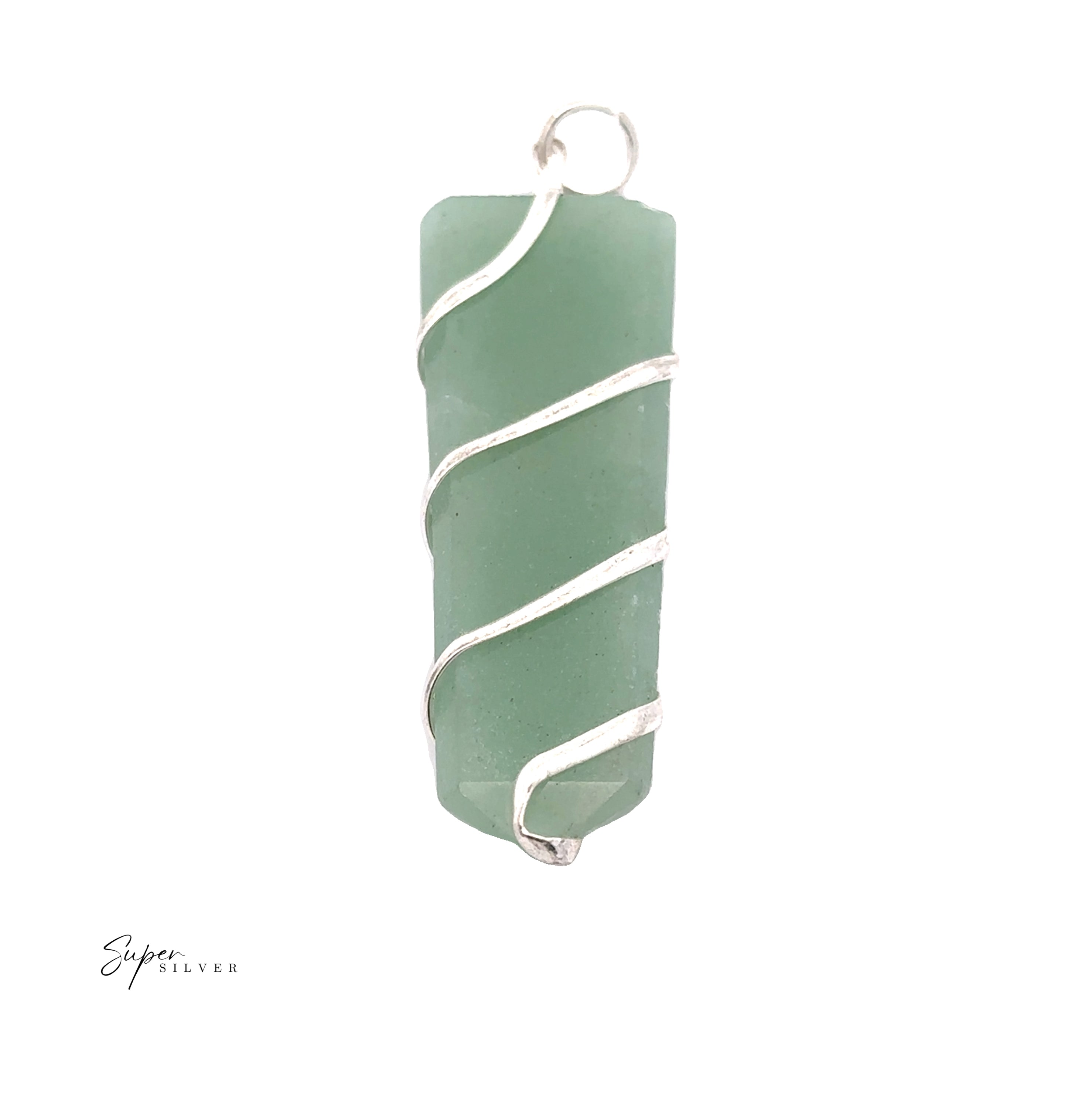 The Wire Wrapped Slab Pendant features a rectangular green gemstone elegantly wire wrapped with a silver spiral, showcasing the beauty of mixed metals against a white backdrop.