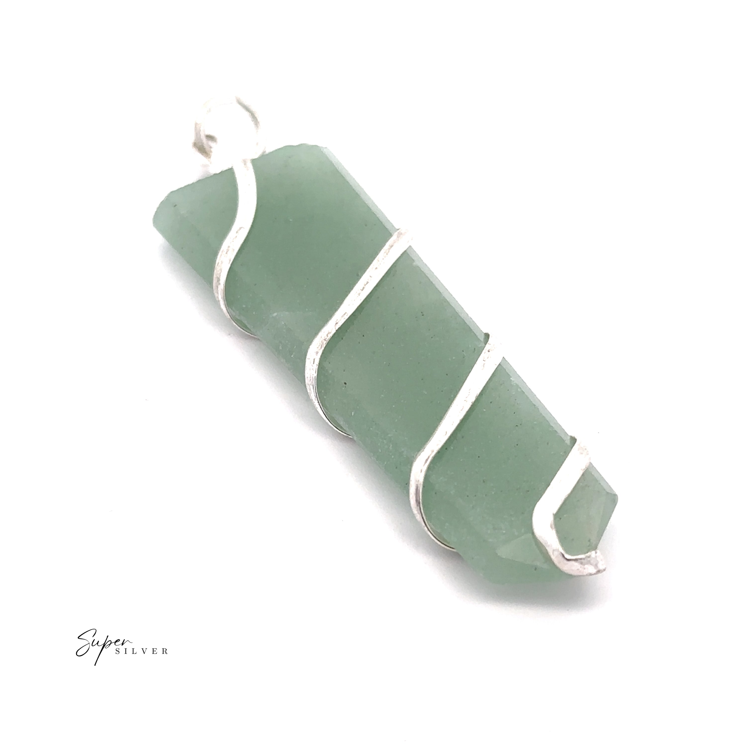 The Wire Wrapped Slab Pendant features a green crystal encased in spiral silver wire, elegantly displayed against a white background.