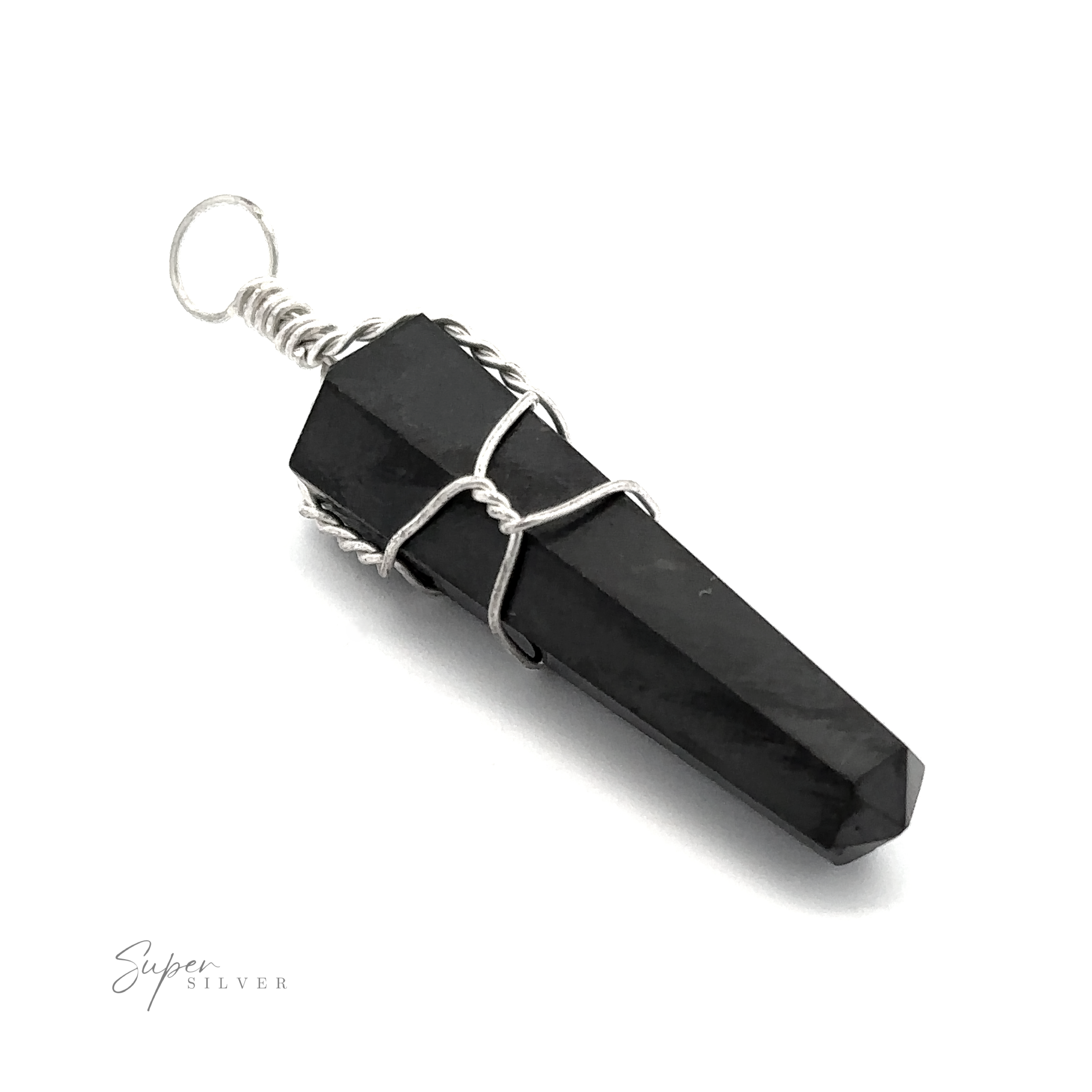 A Wire Wrapped Stone Pendant, resembling Bloodstone, wrapped with silver wire and attached to a silver loop on a white background.