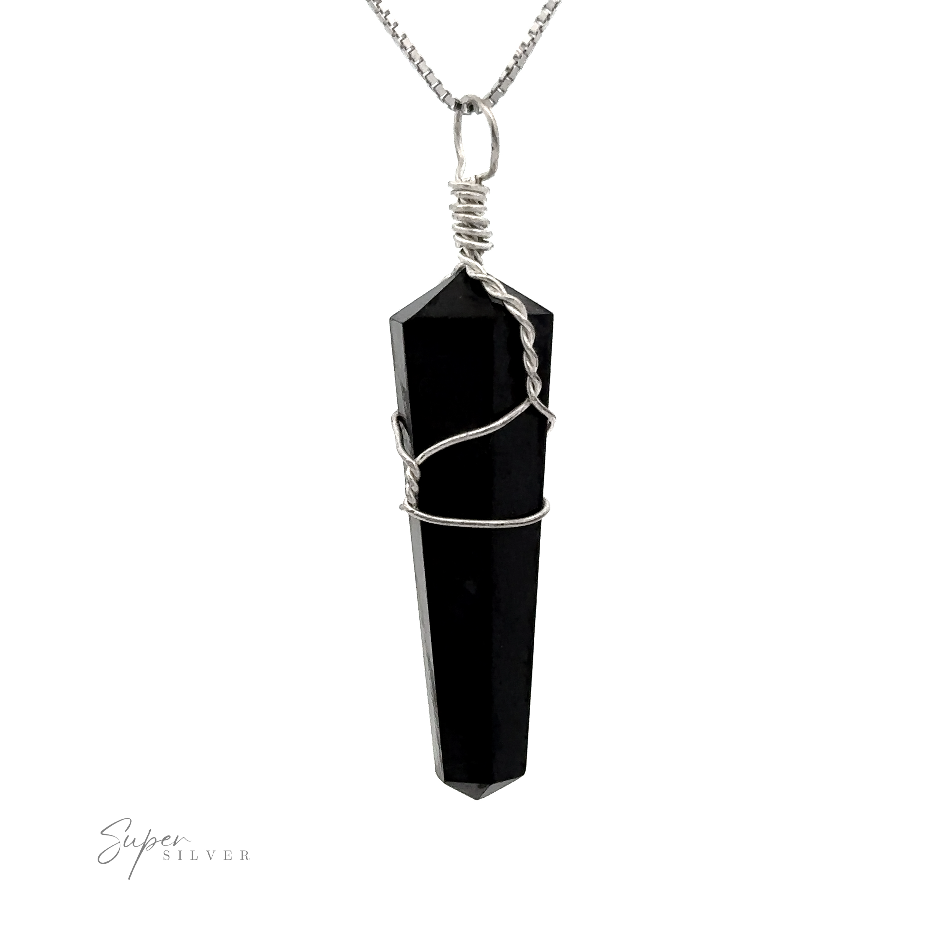 A striking black crystal wrapped in silver wire, hanging from a silver chain. The Wire Wrapped Stone Pendant, reminiscent of refined elegance, is displayed on a plain white background.