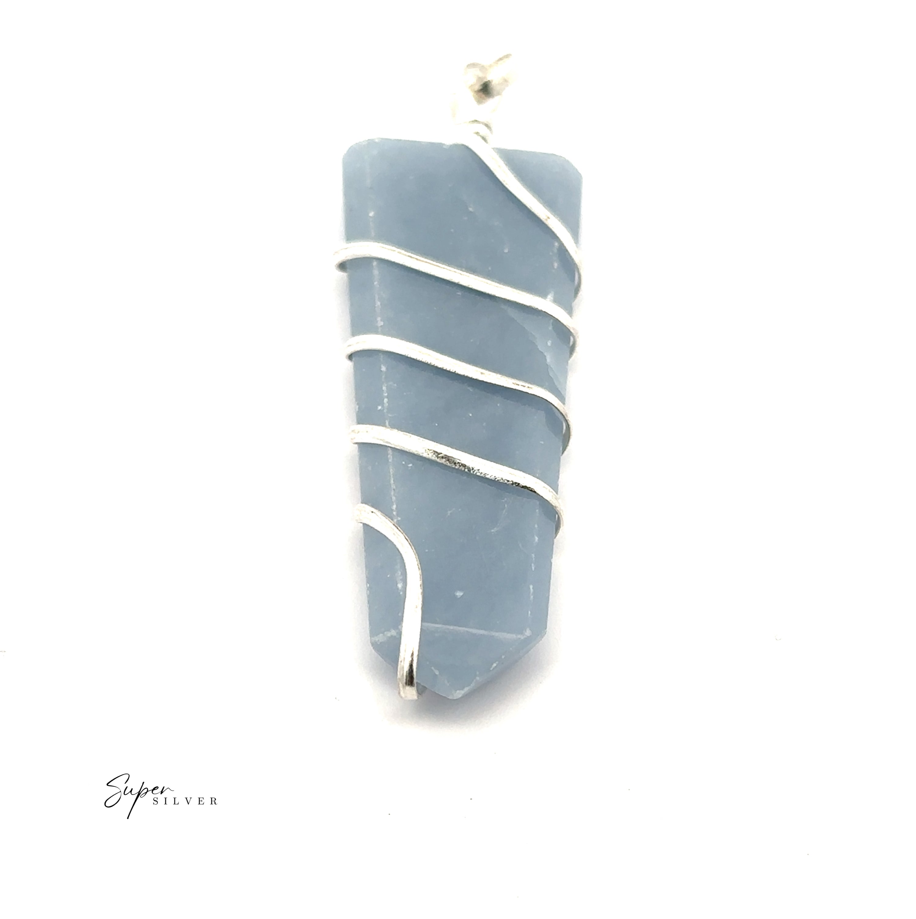The Wire Wrapped Slab Pendant features a striking blue gemstone encased in mixed metals wire, set against a white background with a small "Super Silver" logo in the corner.