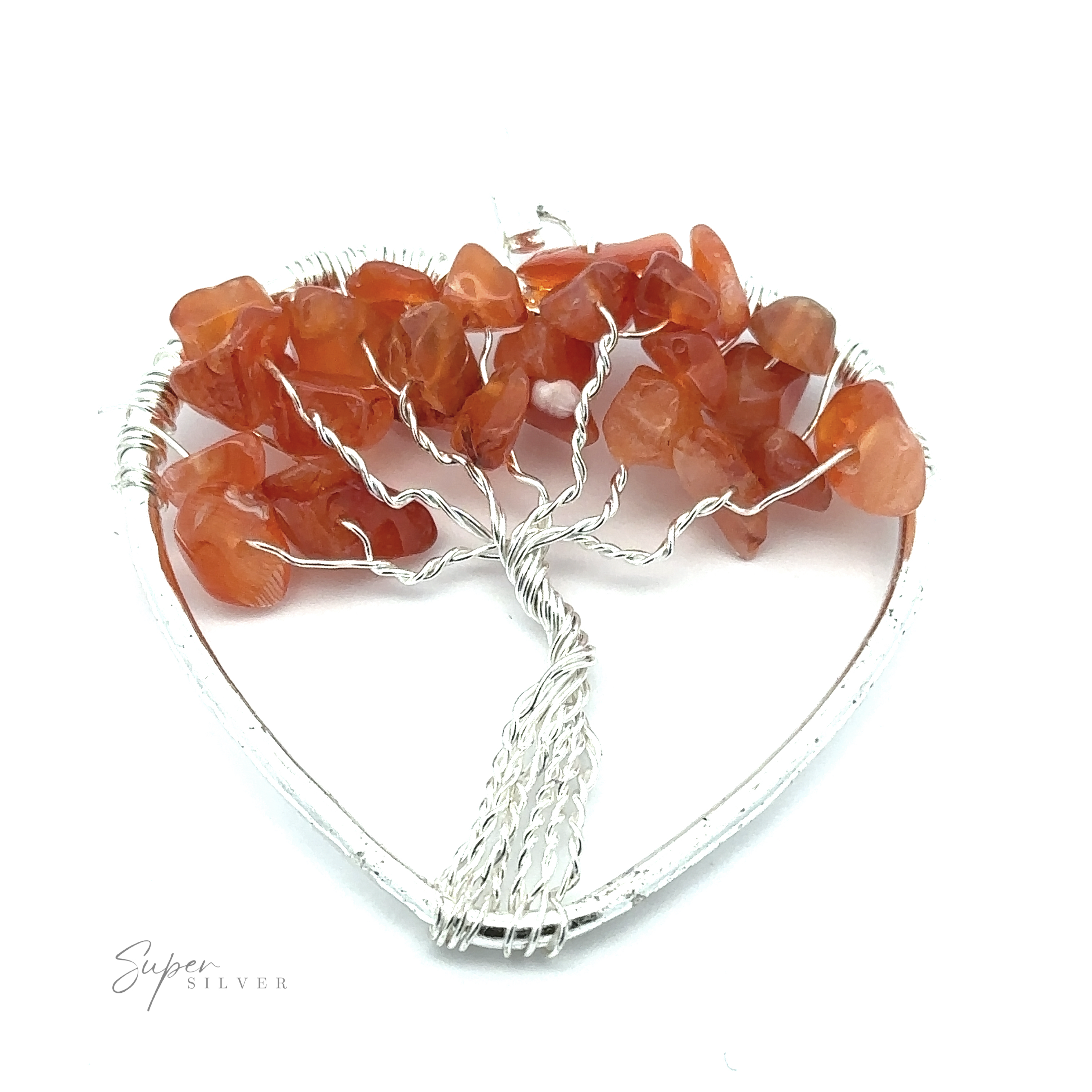 A Heart Shaped Tree of Life Pendant with a wire-wrapped tree of life design, featuring orange gemstone chips as leaves. The bottom right corner has text that reads "Super Silver.