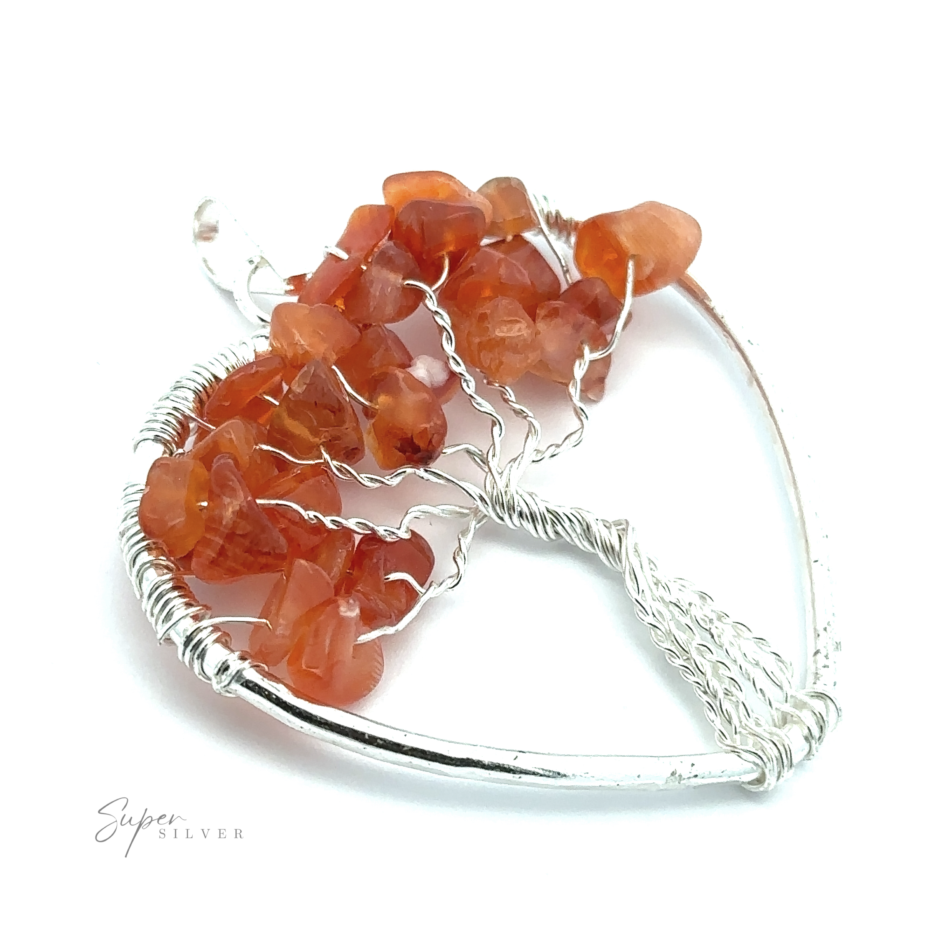 A wire-wrapped silver-colored Heart Shaped Tree of Life Pendant adorned with orange gemstone chips. The piece is labeled "Super Silver" on the bottom left.
