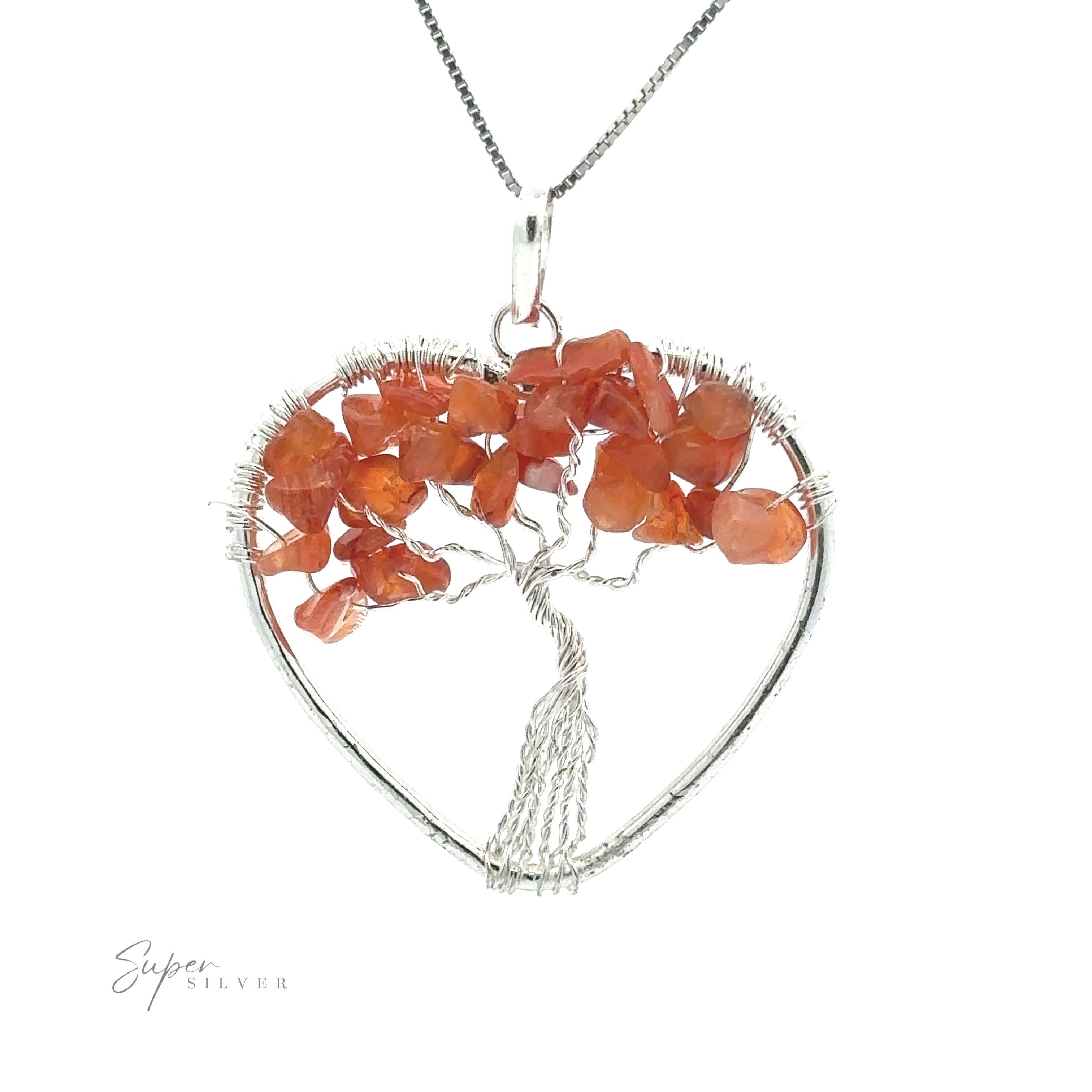 A Heart Shaped Tree of Life Pendant, crafted with silver wire and adorned with orange gemstones, dangles elegantly from a silver necklace chain. The words "Super Silver" appear in the lower left corner, adding a touch of sophistication.