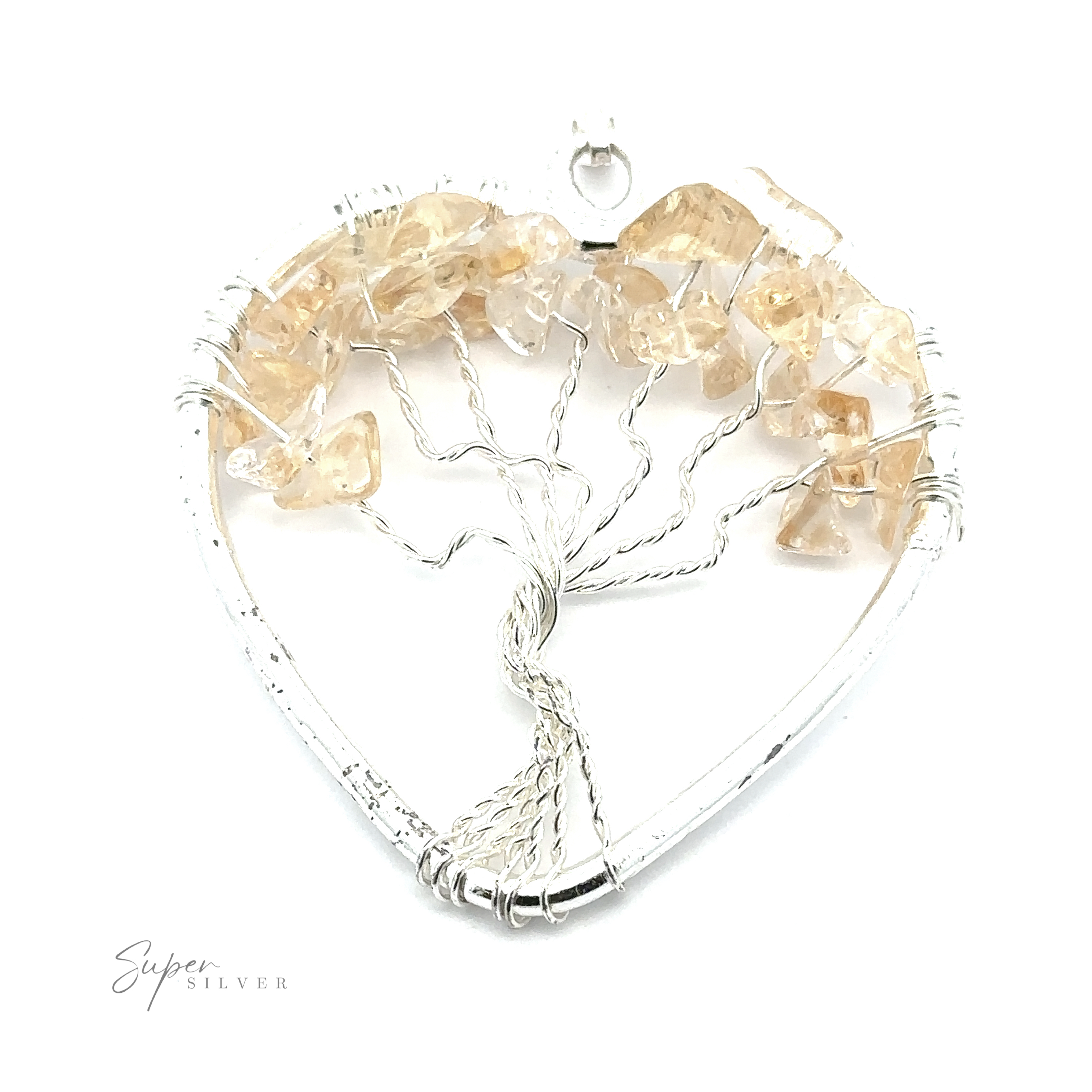 A Heart Shaped Tree of Life Pendant, adorned with amber-colored stones.