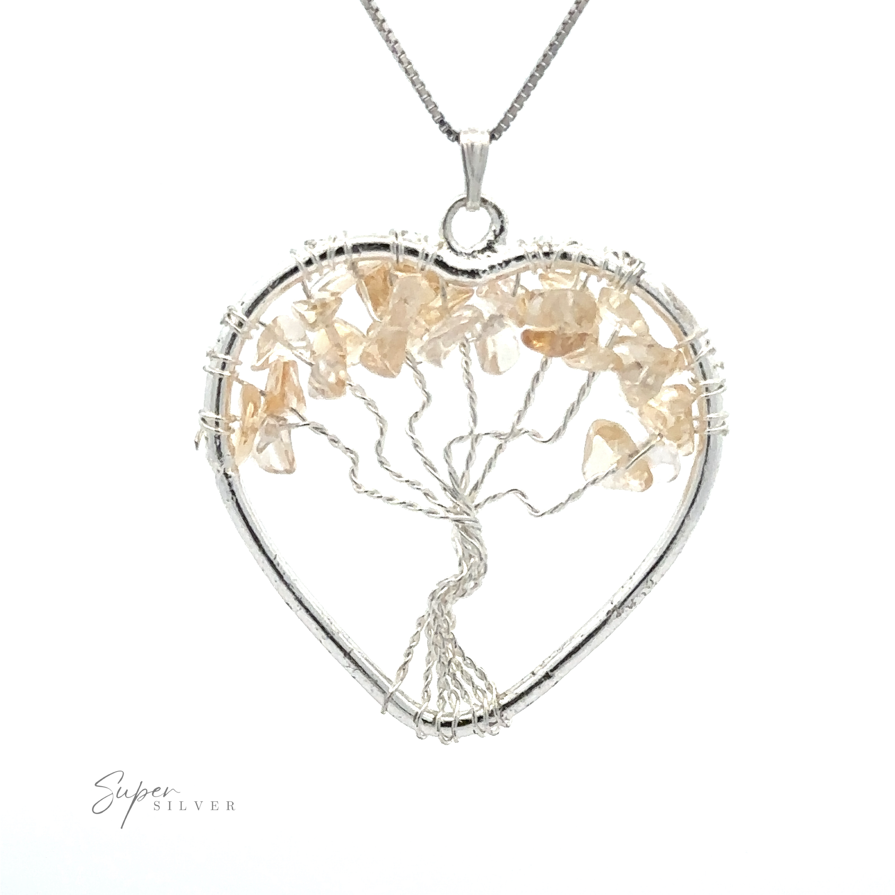 Heart Shaped Tree of Life Pendant featuring a wire-wrapped tree of life design within a heart-shaped frame, adorned with light-colored gemstone chips. Text on the lower left reads "Super Silver.