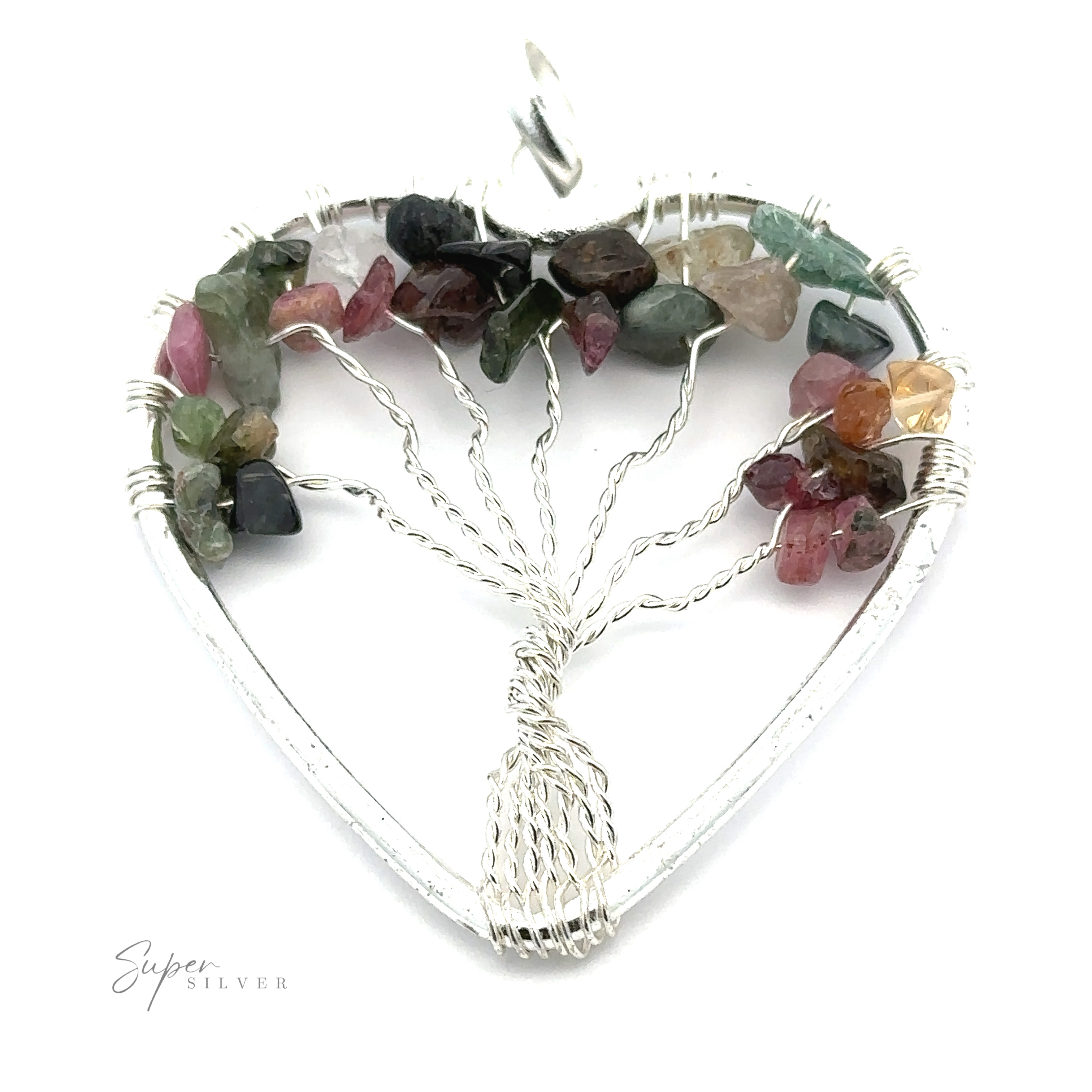 A silver Heart Shaped Tree of Life Pendant features a wire-wrapped tree design adorned with various colorful gemstones as leaves.