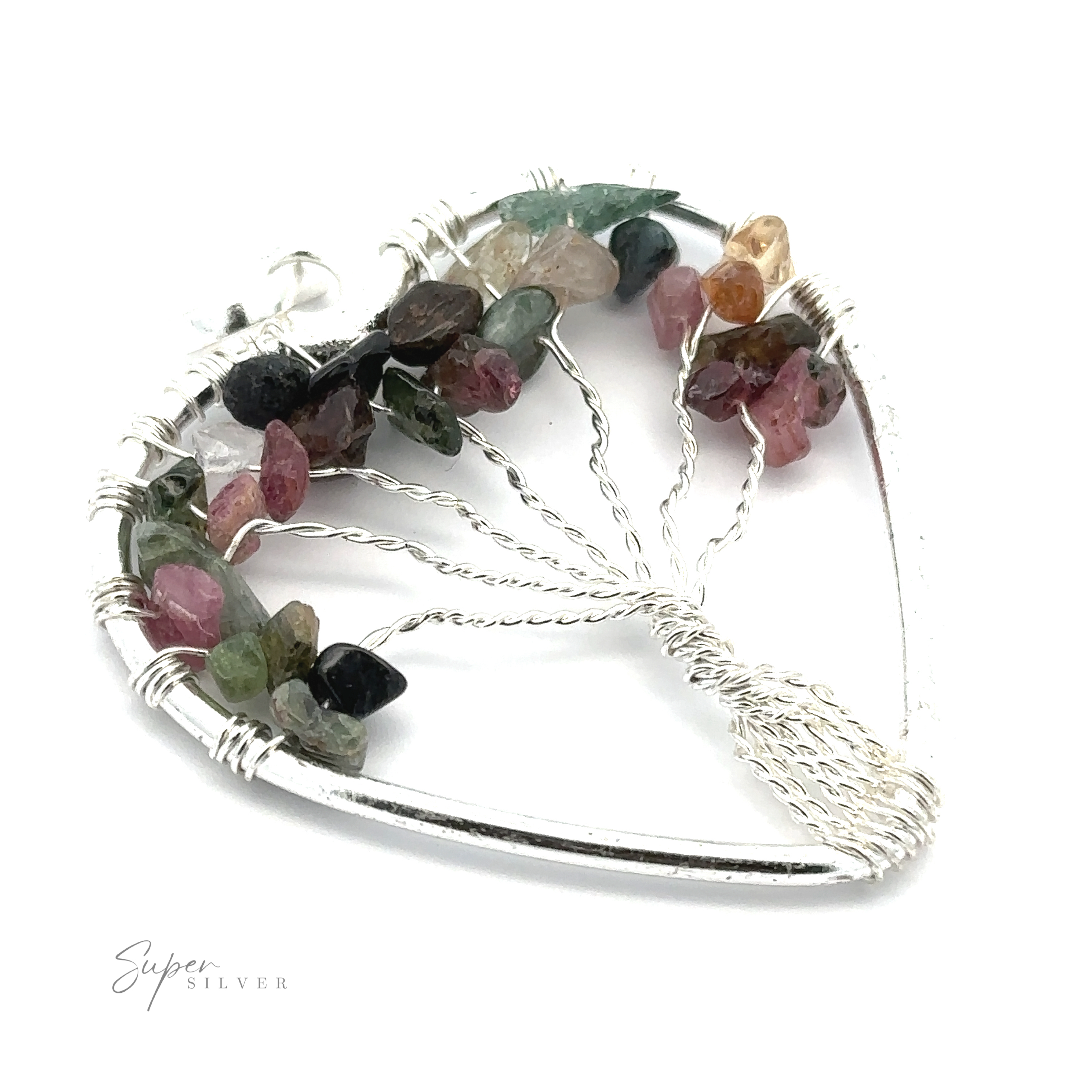 A Heart Shaped Tree of Life Pendant wrapped in silver wire, featuring a design adorned with various colorful gemstone chips. The "Super Silver" logo is visible in the bottom left corner, adding a touch of elegance to this exquisite piece.