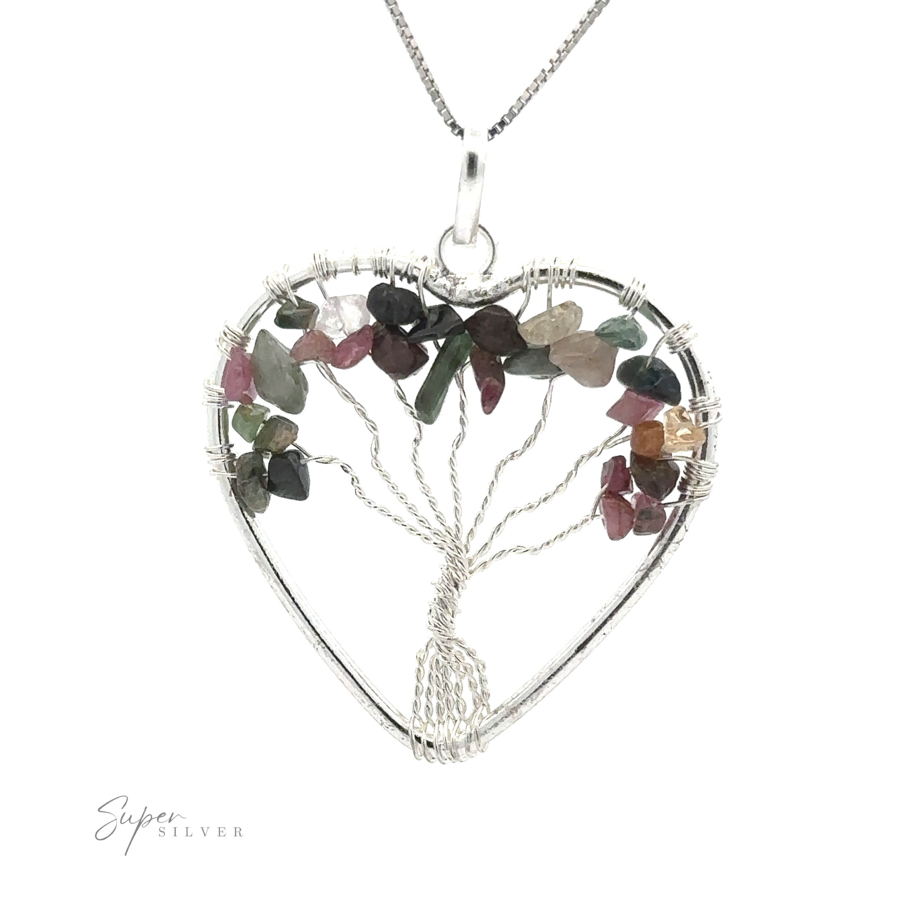 Heart Shaped Tree of Life Pendant featuring a wire-wrapped tree of life with colorful raw stone beads as leaves.