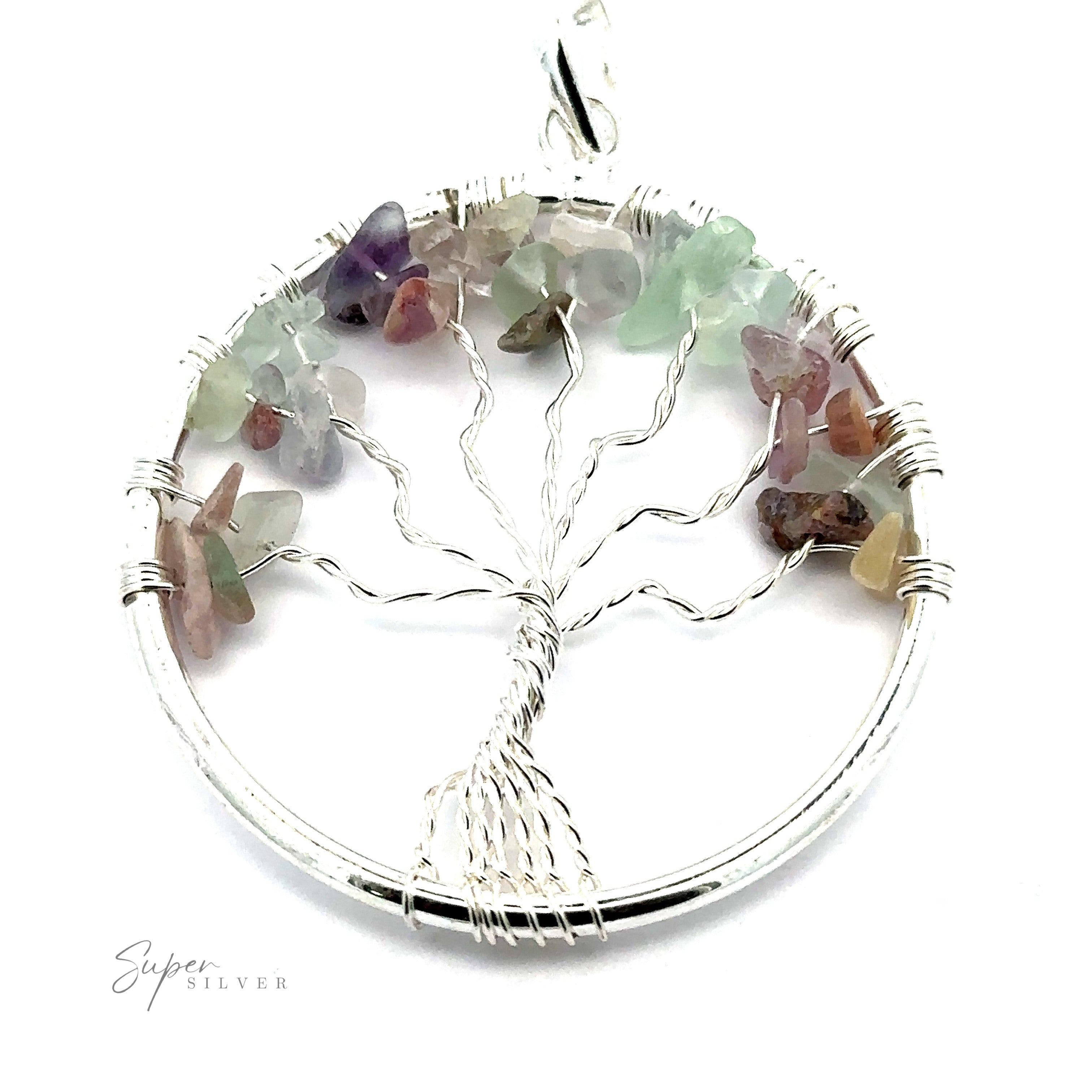 A stunning silver Wire Wrapped Tree of Life Pendant with Stones featuring wire-wrapped branches and multicolored gemstone leaves on a circular frame. This exquisite piece is expertly crafted by Super Silver.