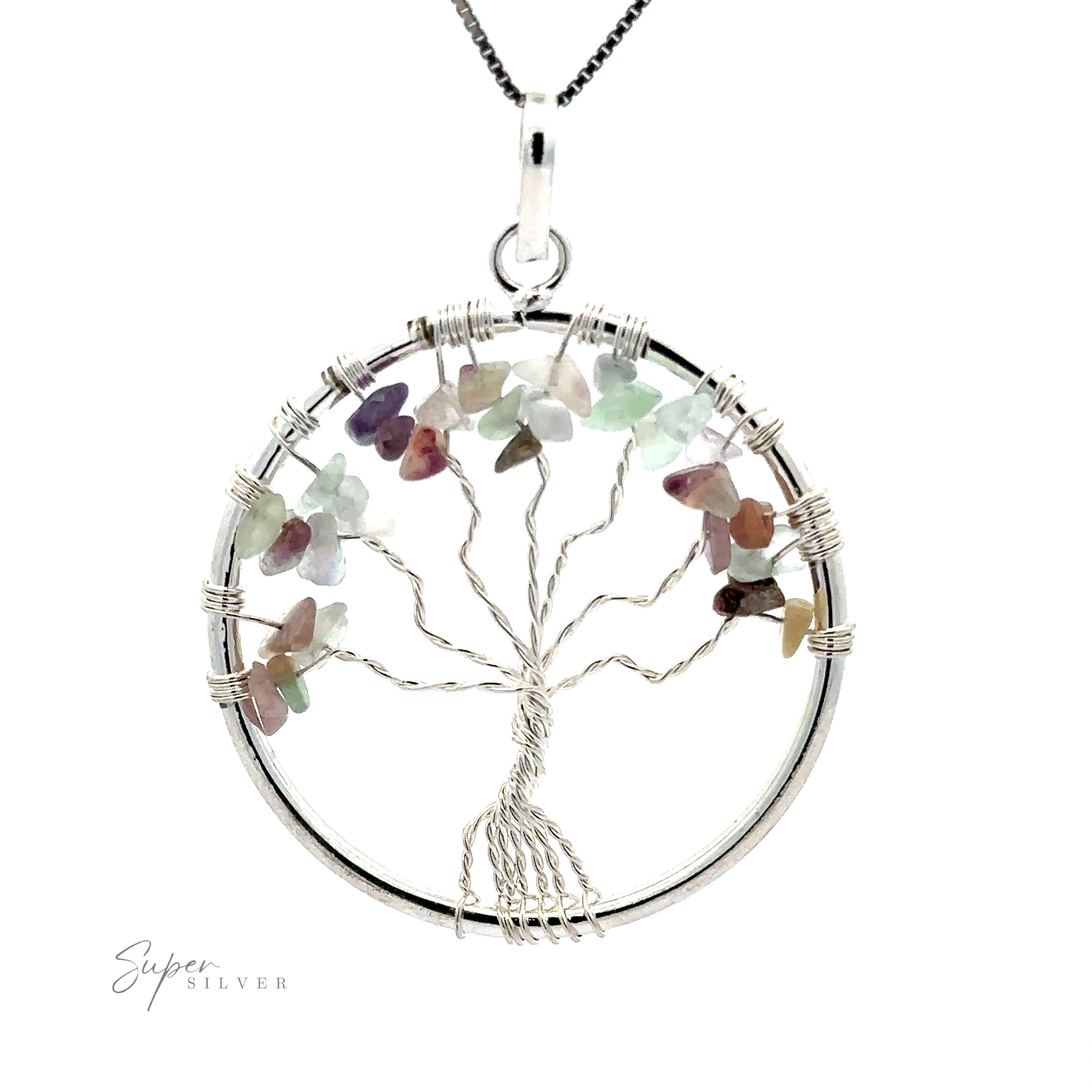 A Wire Wrapped Tree of Life Pendant with Stones featuring a wire wrapped tree adorned with multicolored gemstone chips as leaves, all framed by a delicate silver ring.