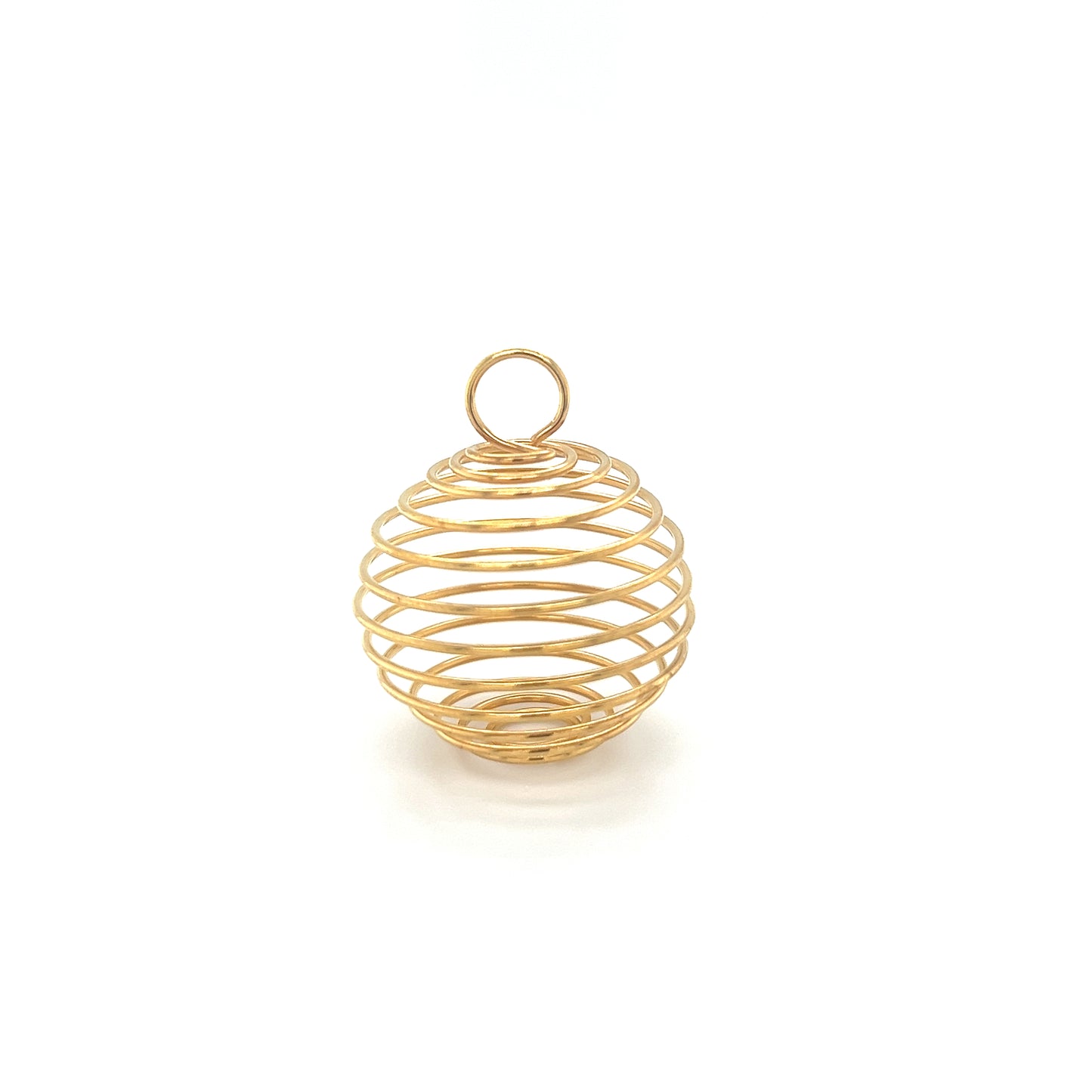 
                  
                    A Super Silver chic spiral cage pendant for holding gemstones, featuring a gold plated spiral ball on a white background.
                  
                