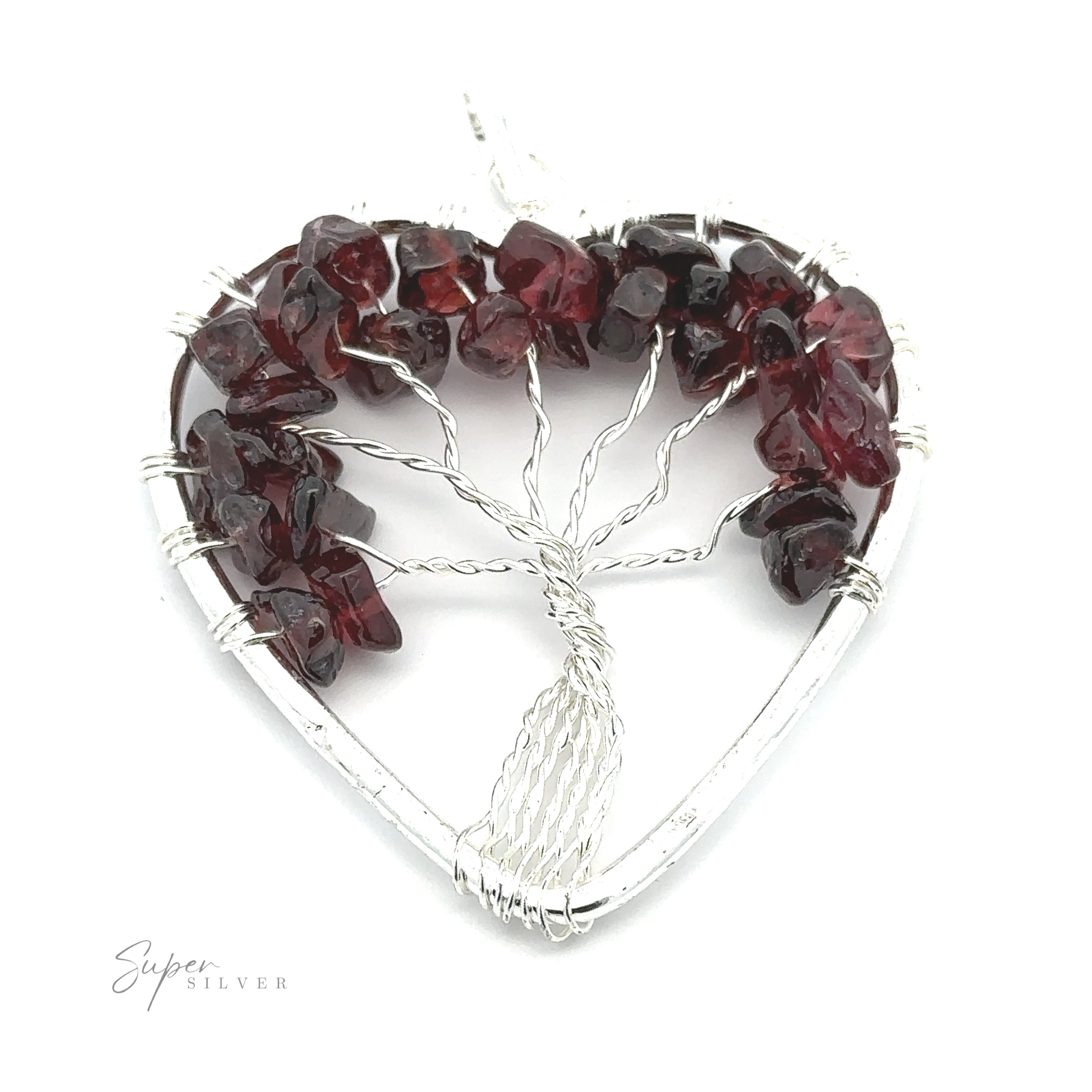 Heart Shaped Tree of Life Pendant, intricately crafted from silver wire and adorned with red gemstone chips. Featuring "Super Silver" logo and raw stone beads for a natural touch.