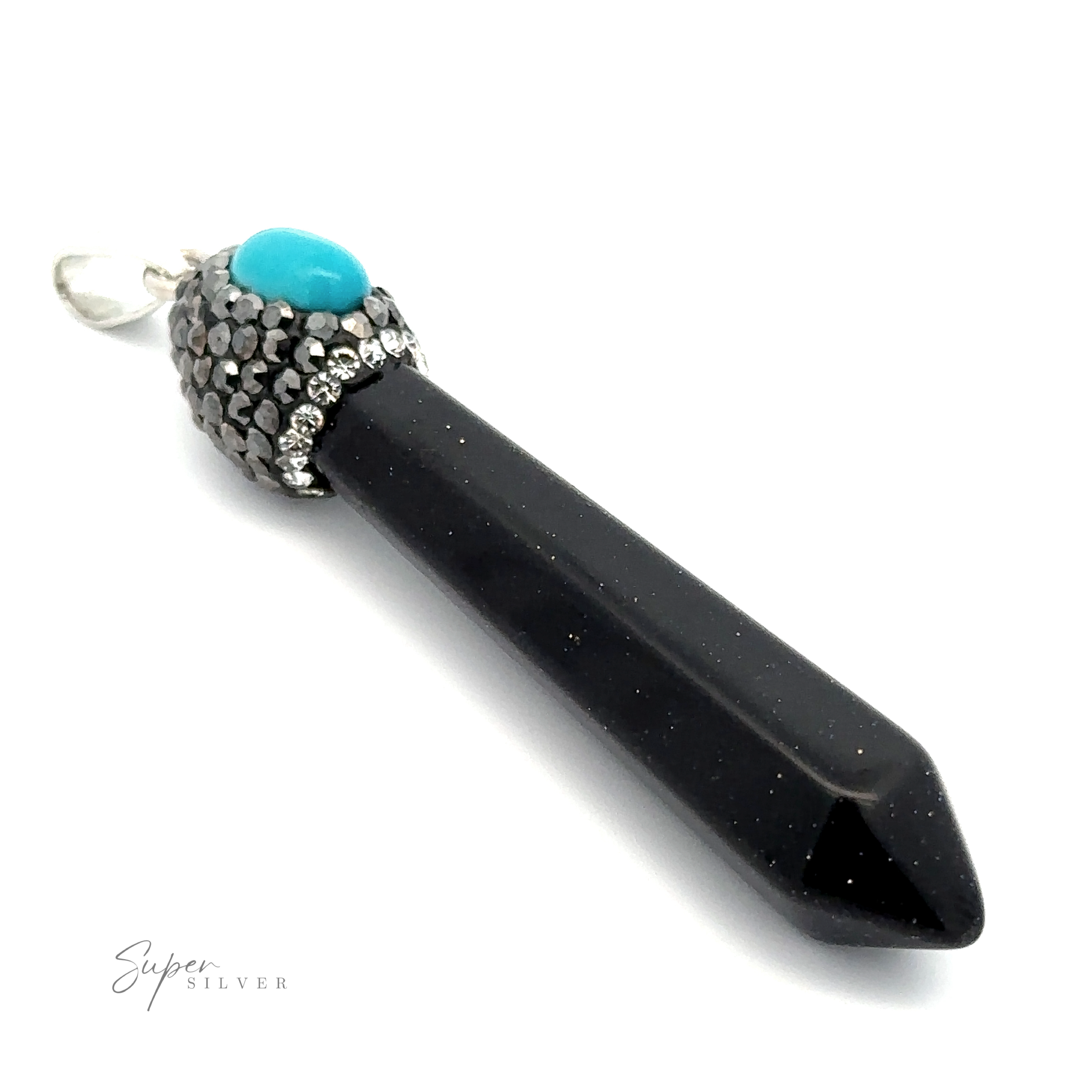 A striking Stone Obelisk Pendant, featuring a black crystal with a pointed end, adorned with small silver rhinestones and a turquoise stone at the top, all elegantly attached to a silver bail.