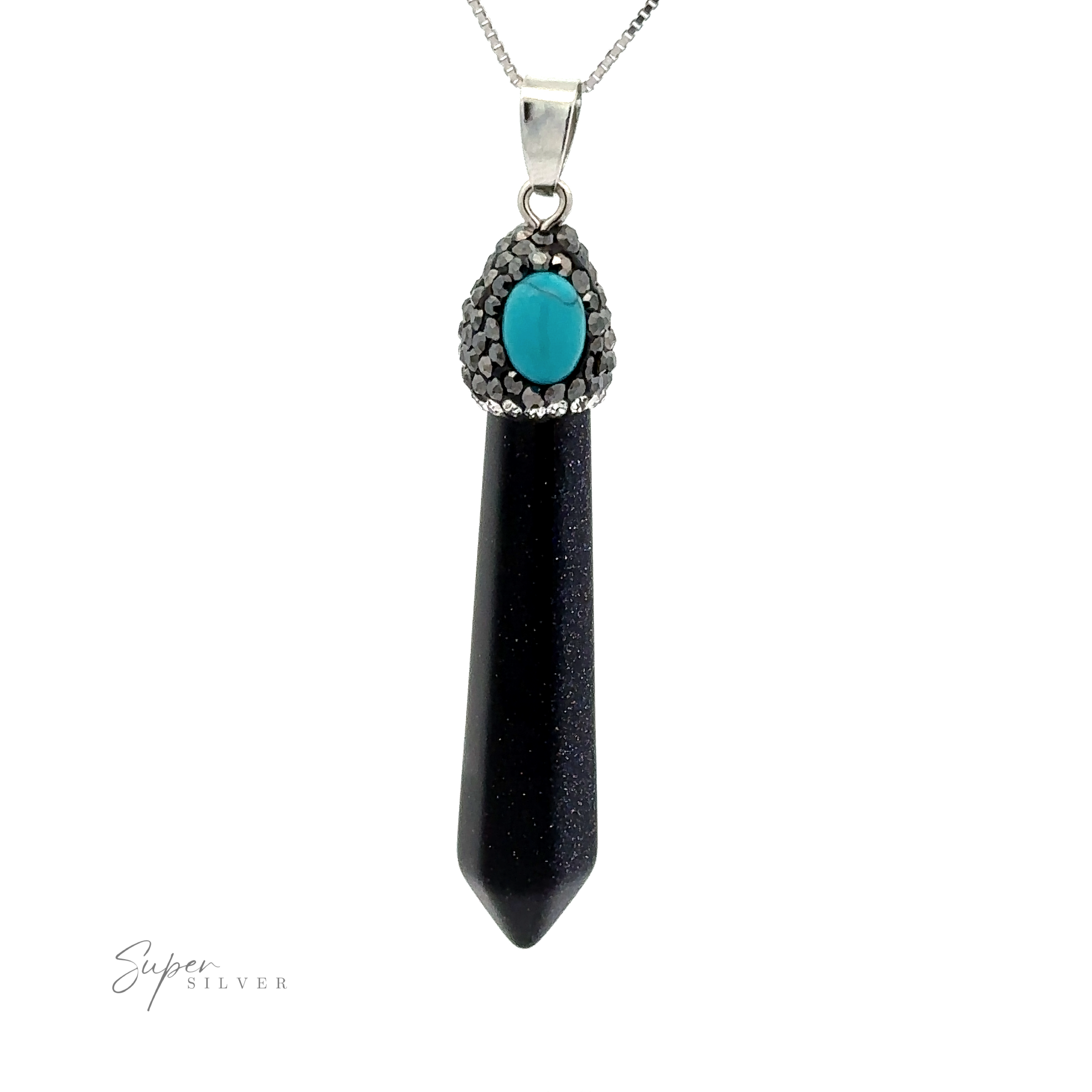 A black pendant necklace with a pointed end, featuring a turquoise stone accent set in a silver chain, reminiscent of a Stone Obelisk Pendant in its elegant design.