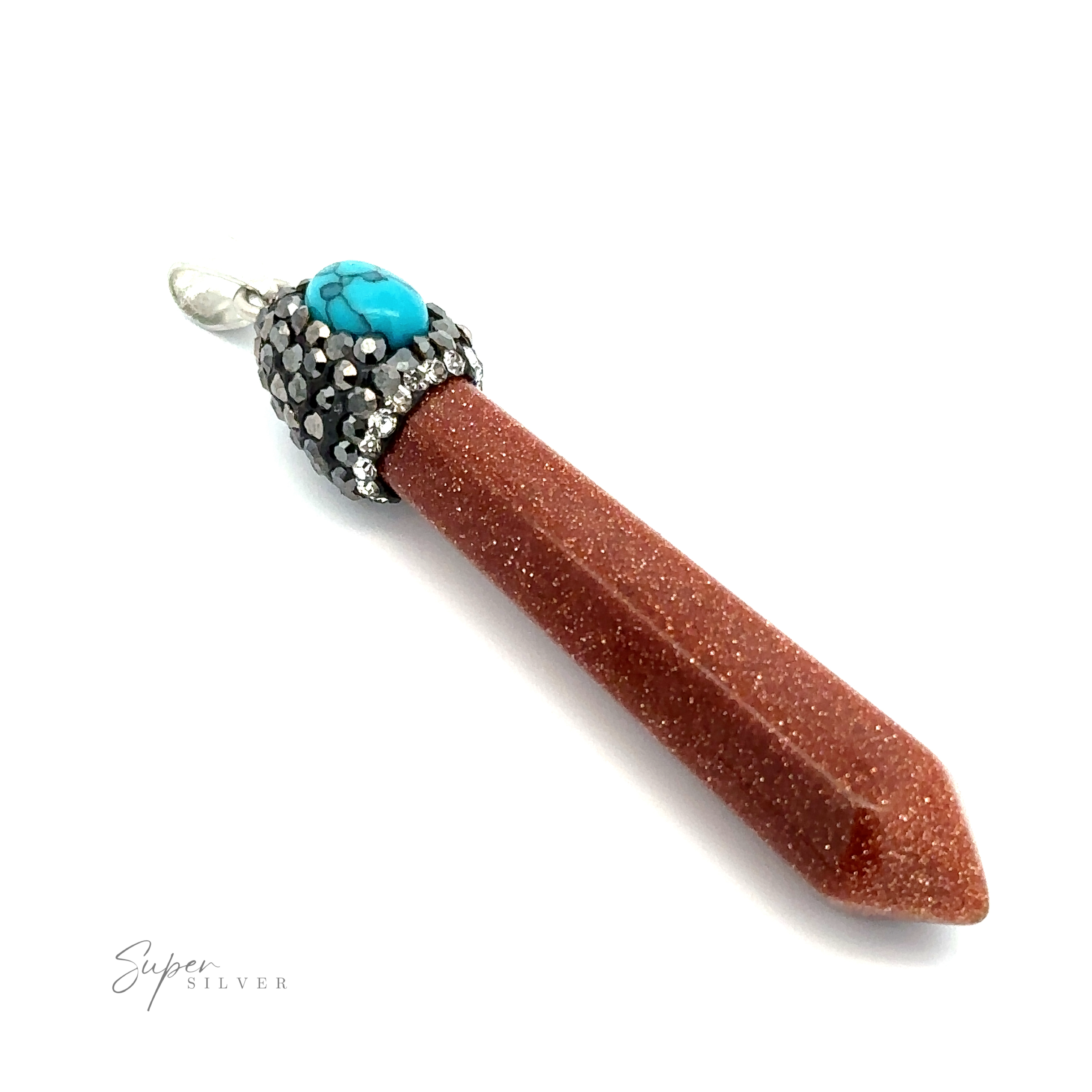 Close-up of an Obelisk Crystal Pendant featuring a pointed, brown stone with a turquoise accent and silver detailing at the top. The pendant is labeled "Stone Obelisk Pendant" in the corner.