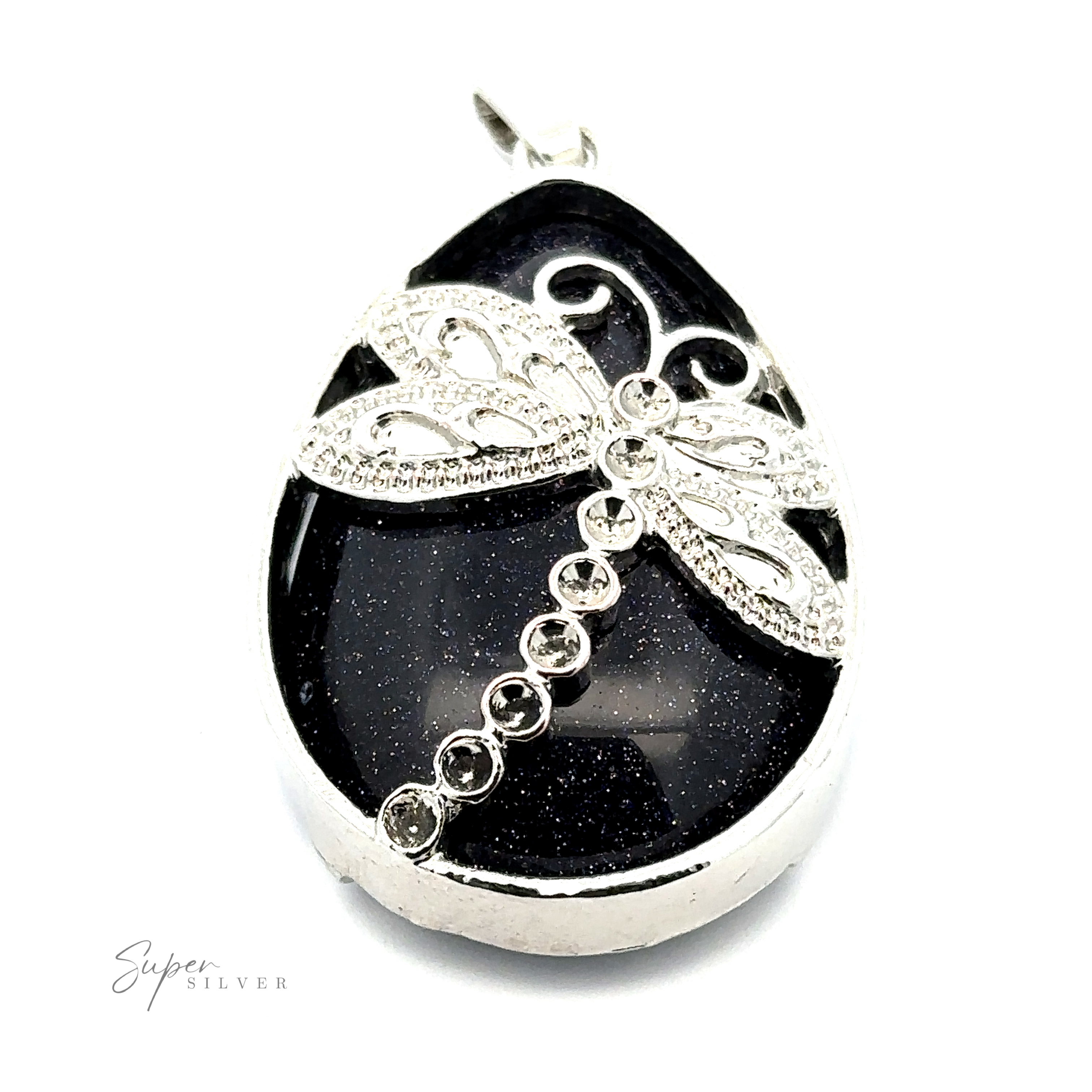 Teardrop Stone pendant with Dragonfly featuring a black stone, decorative silver dragonfly with detailed wings and body encrusted with small clear stones, set in a mixed metals frame.
