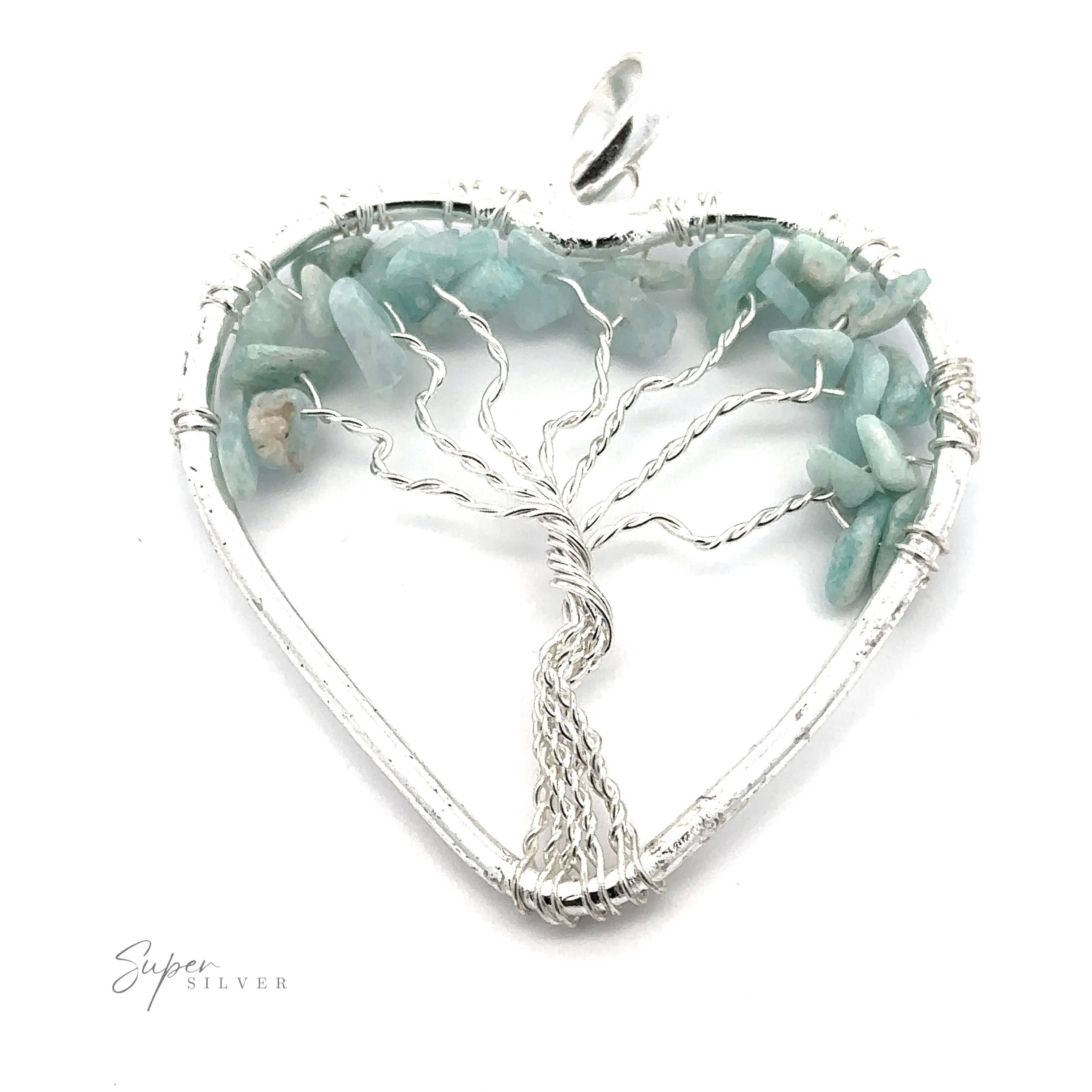 A Heart Shaped Tree of Life Pendant made of wire features a stunning tree design, with branches that hold greenish-blue raw stone beads, creating a beautiful wire-wrapped tree of life pendant.