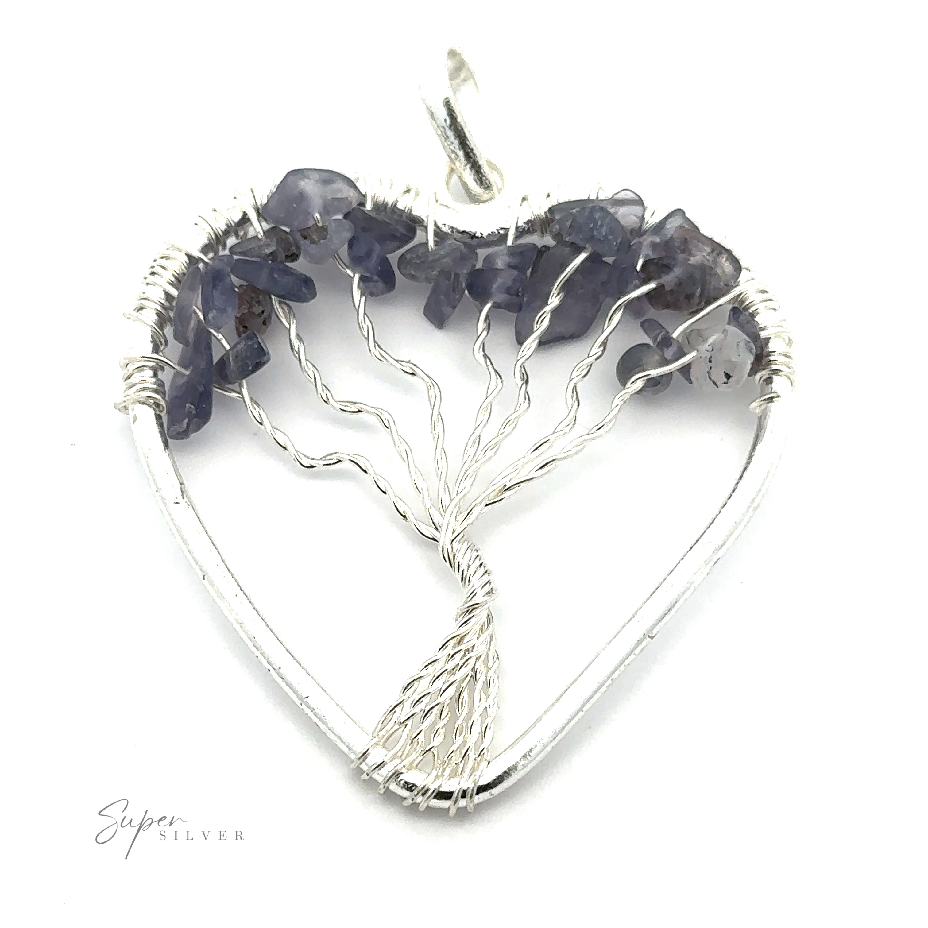 A Heart Shaped Tree of Life Pendant with a wire-wrapped tree of life design, adorned with small blue stones at the top, against a white background. The logo "Super Silver" is visible in the lower left corner.