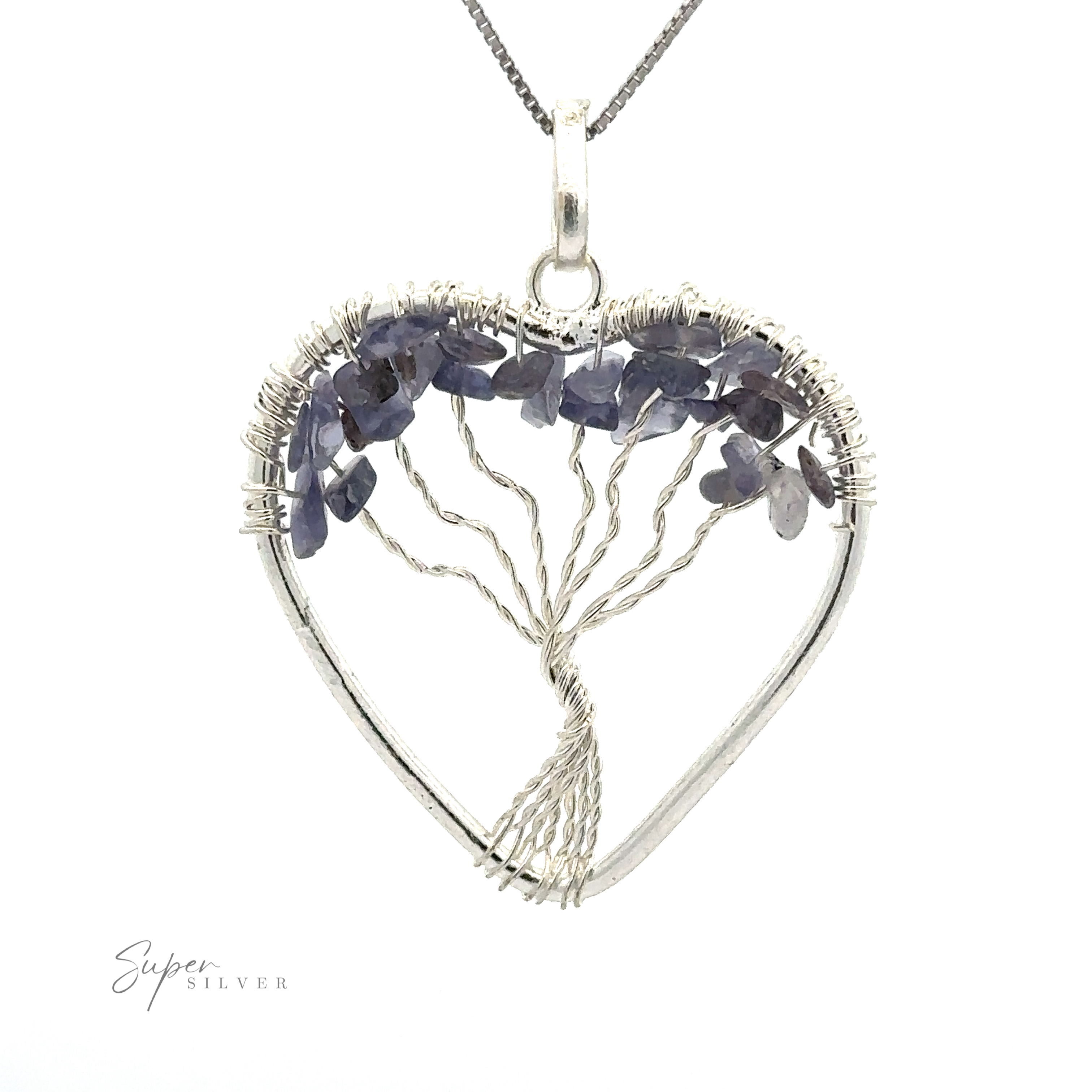 Heart Shaped Tree of Life Pendant featuring a wire wrapped tree of life design made of silver wire, with small purple raw stone beads embellishing the tree branches, shown against a white background.
